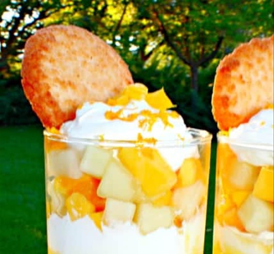 Fresh mango and melon fruit layered with whipped cream for an easy mango dessert verrine.