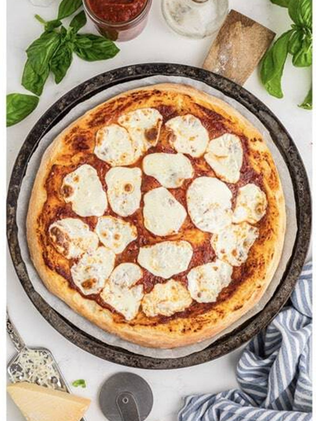 Golden baked margherita pizza fresh from the oven