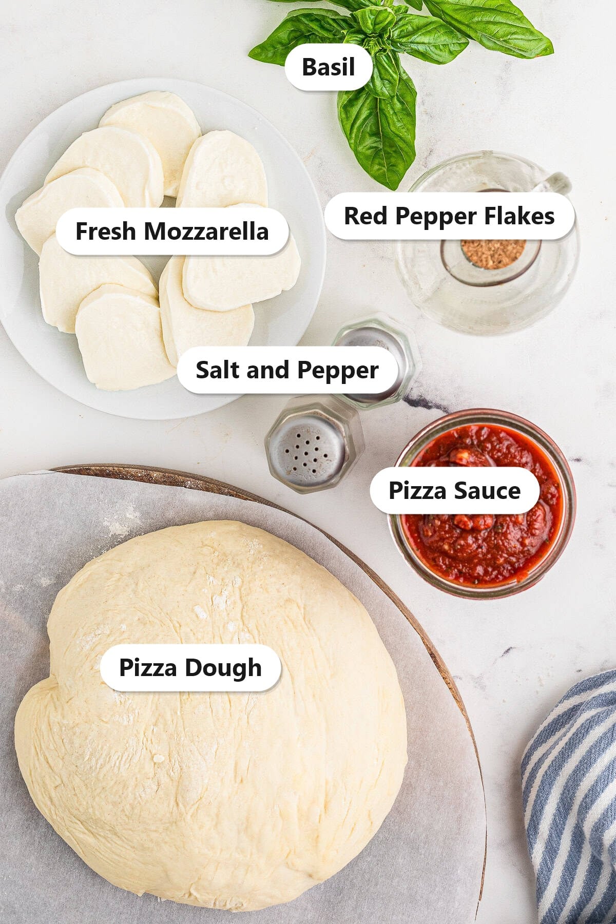 Labeled margherita pizza ingredients including pizza dough, fresh mozzarella, pizza sauce, and basil