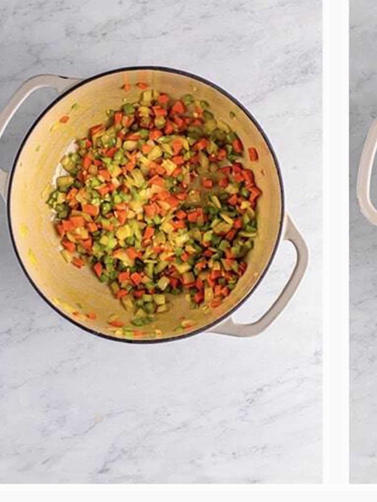 Diced onion, carrot, and celery sauteing in a Dutch oven.