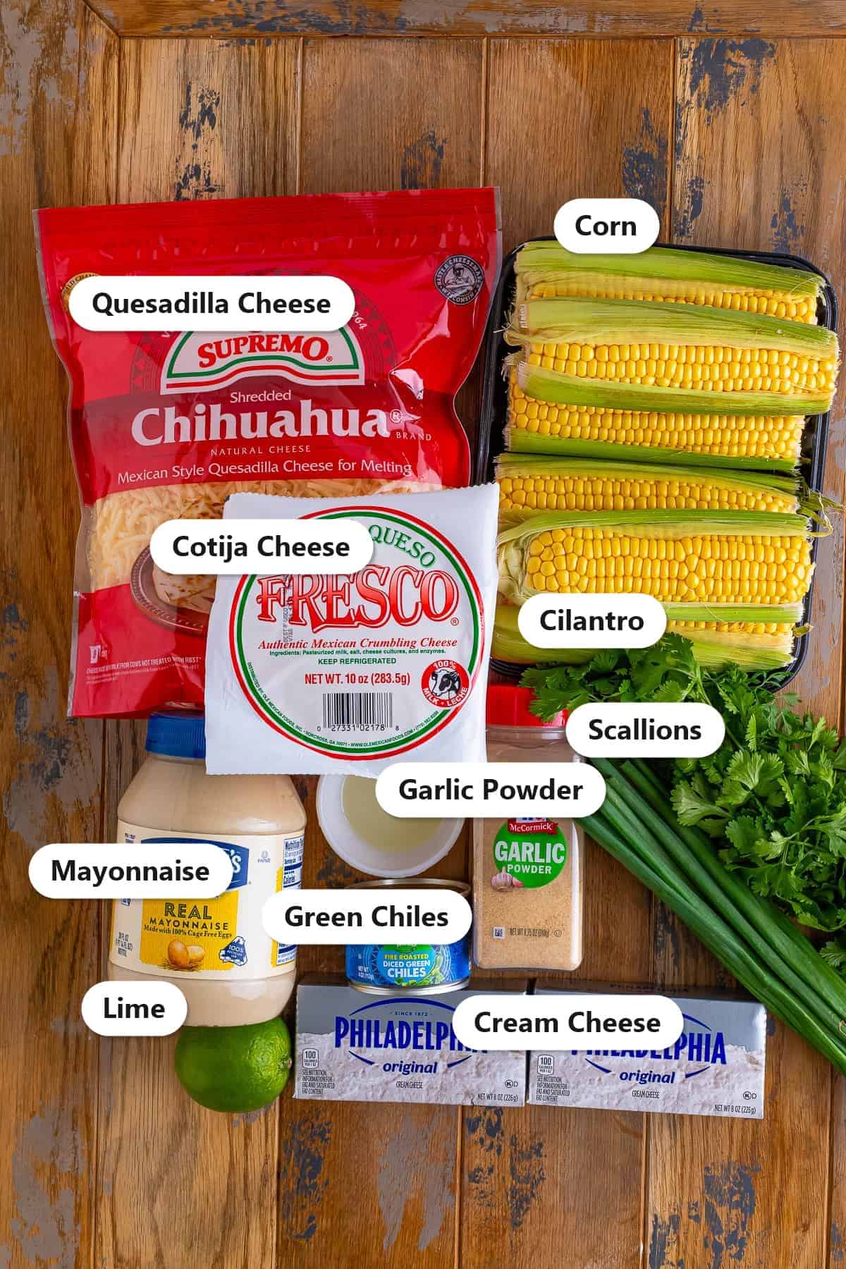 ingredients needed to make Mexican Street Corn dip.