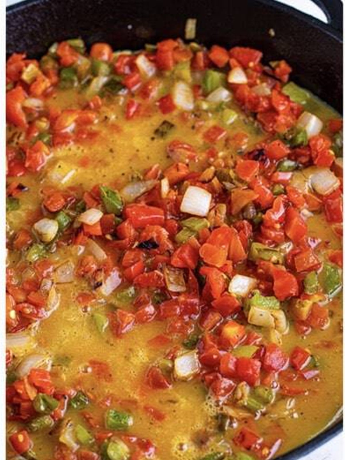 Stirring diced tomatoes and green chiles into the skillet of vegetables for migas.