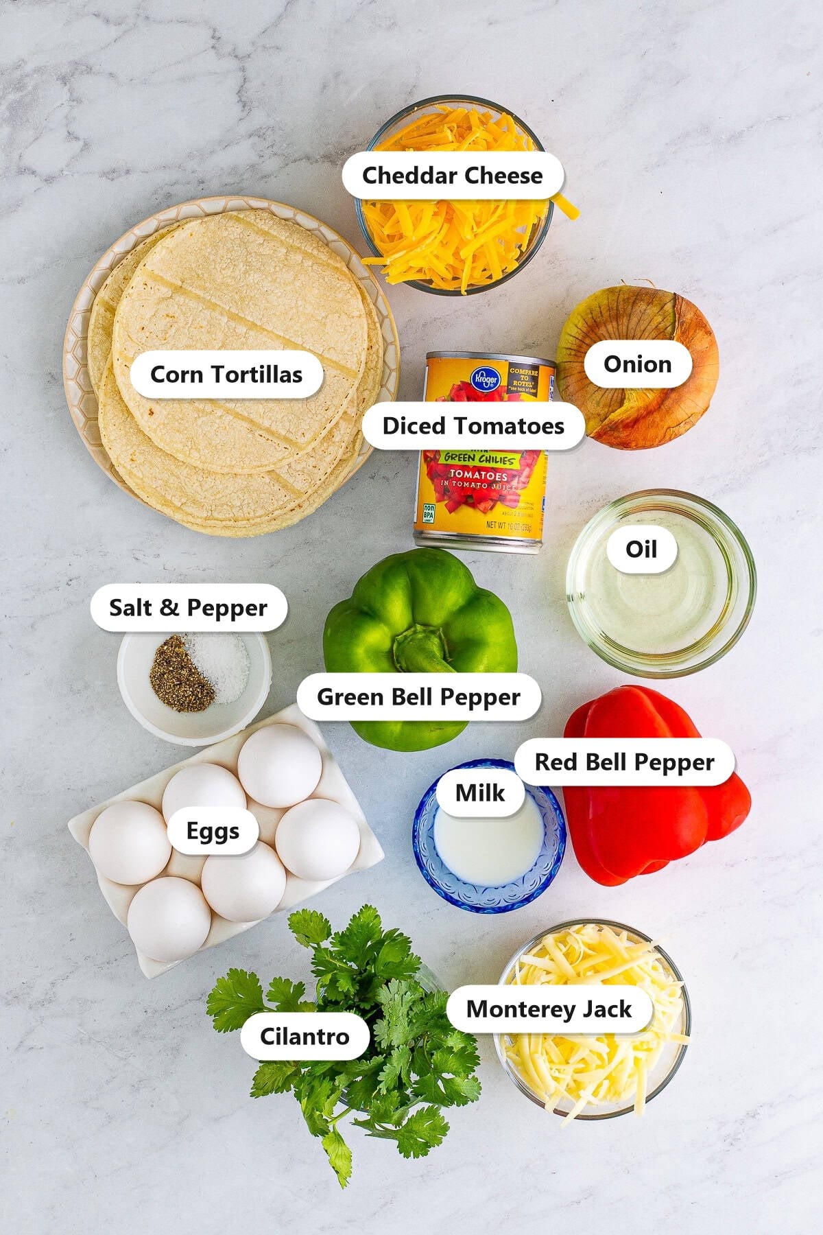 Labeled ingredients for migas including eggs, corn tortillas, cheddar and Monterey Jack cheese, bell peppers, onion, and diced tomatoes.