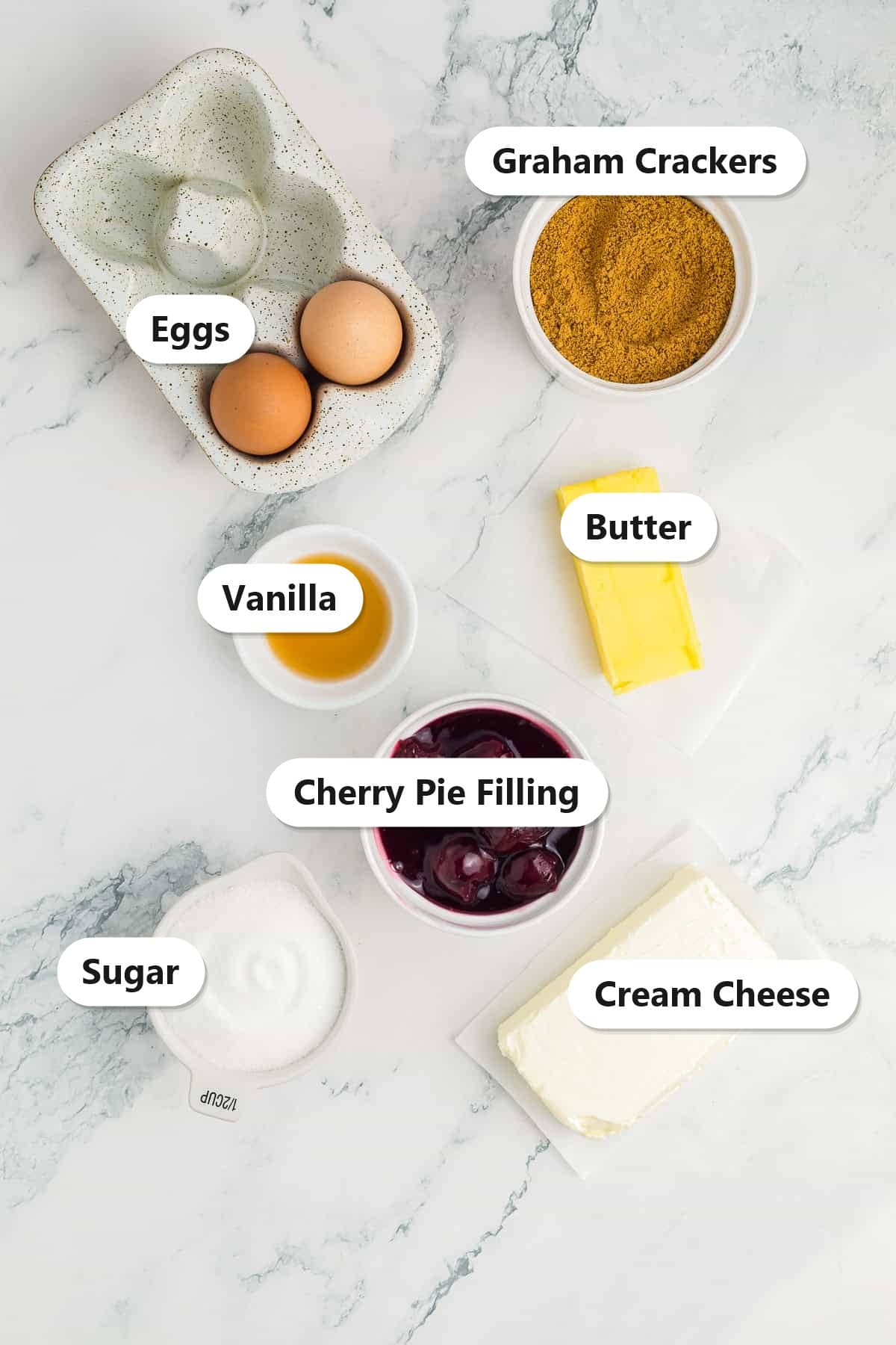 Labeled ingredients for mini cheesecakes including cream cheese, graham crackers, eggs, sugar, butter, vanilla, and cherry pie filling.