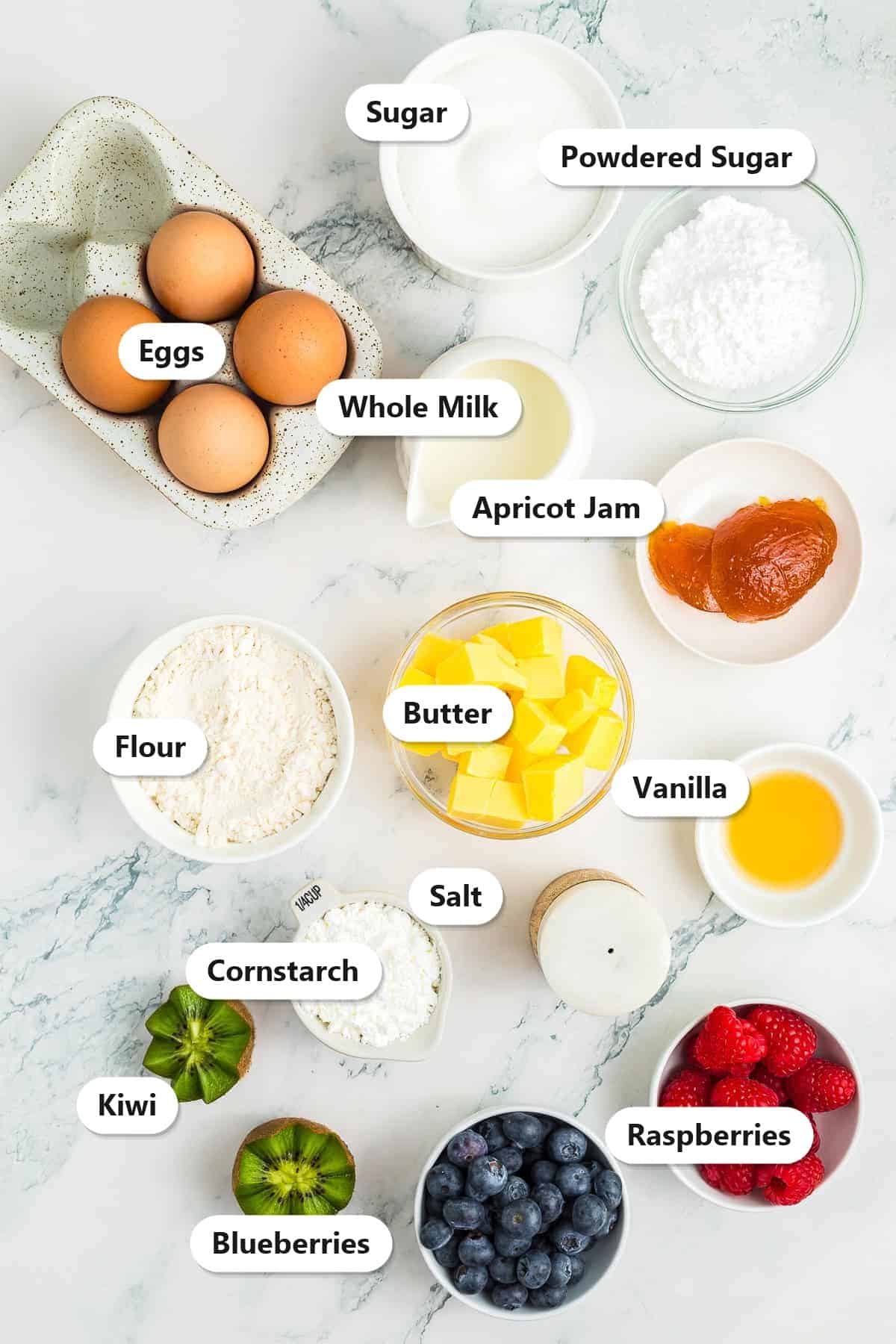Labeled ingredients for mini fruit tartlets with pastry cream including eggs, milk, sugar, flour, butter, and fresh fruit.