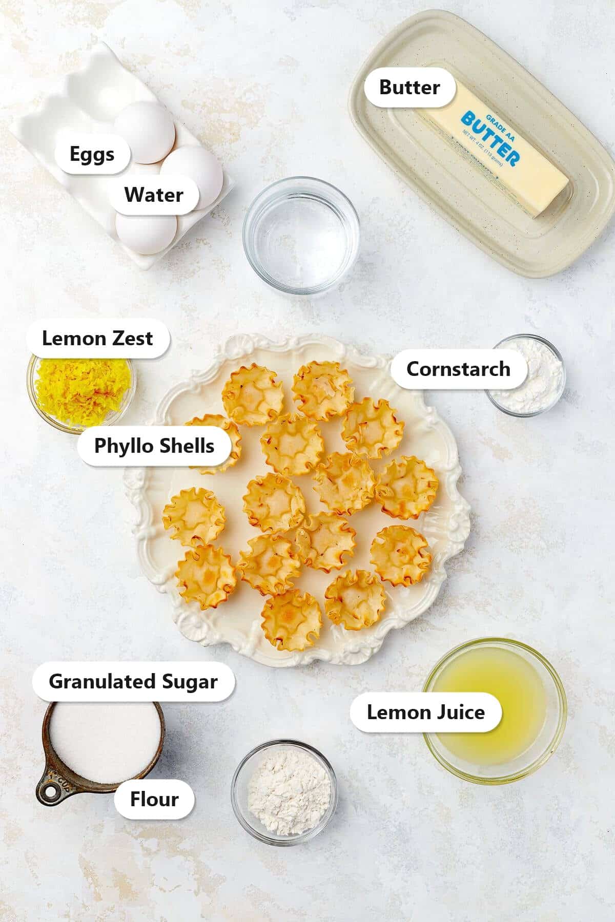 Labeled ingredients for mini lemon meringue pies including eggs, butter, sugar, flour, cornstarch, lemon juice, lemon zest, and phyllo shells.