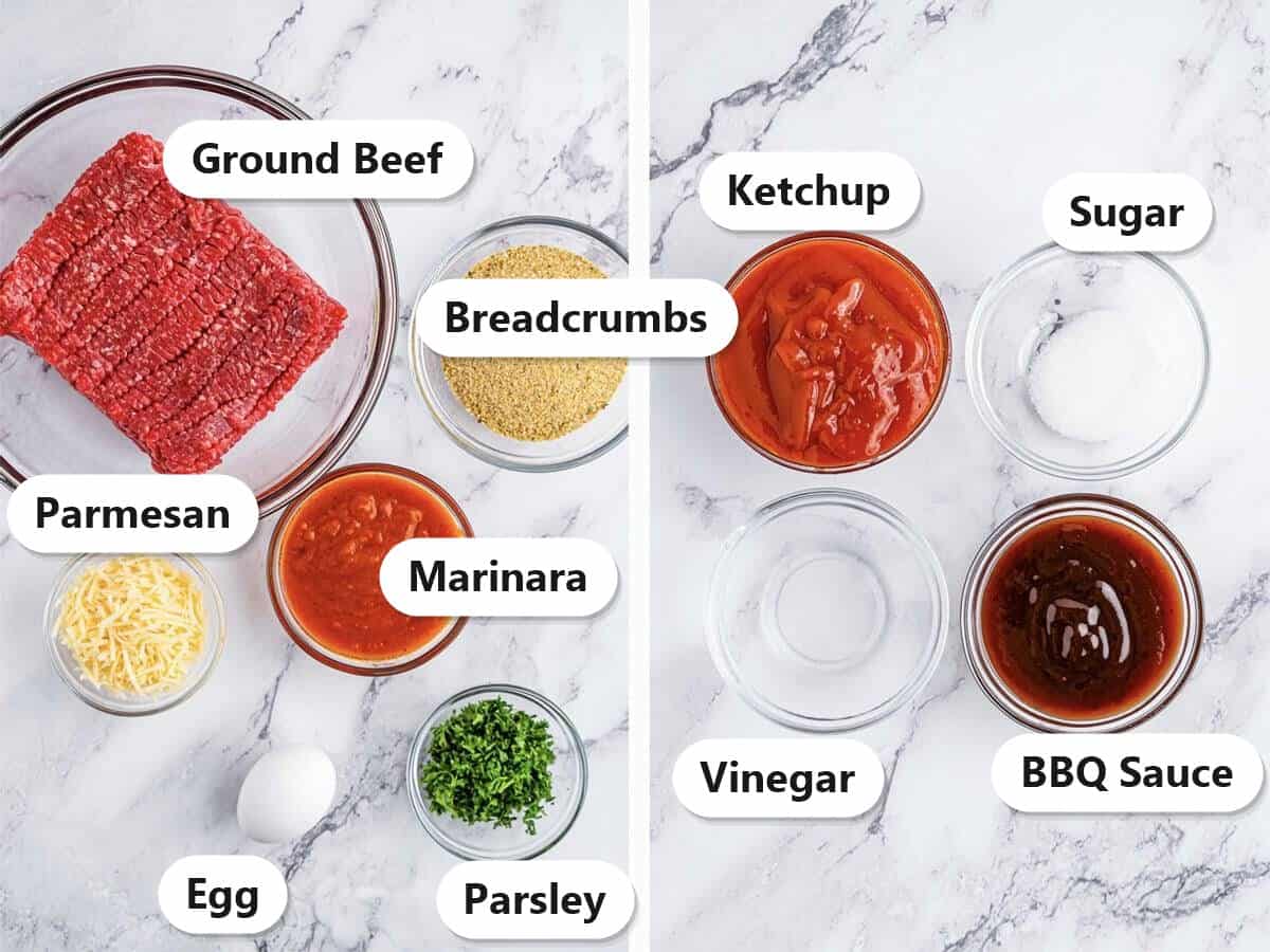 Labeled ingredients for Italian mini meatloaf including ground beef, breadcrumbs, marinara, parmesan, egg, parsley, ketchup, sugar, vinegar, and BBQ sauce.