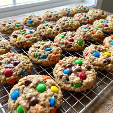 Mini monster cookies on a wire cooling rack studded with colorful candy pieces.