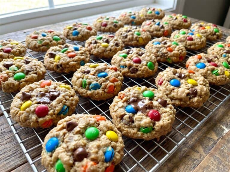 Mini monster cookies on a wire cooling rack studded with colorful candy pieces.