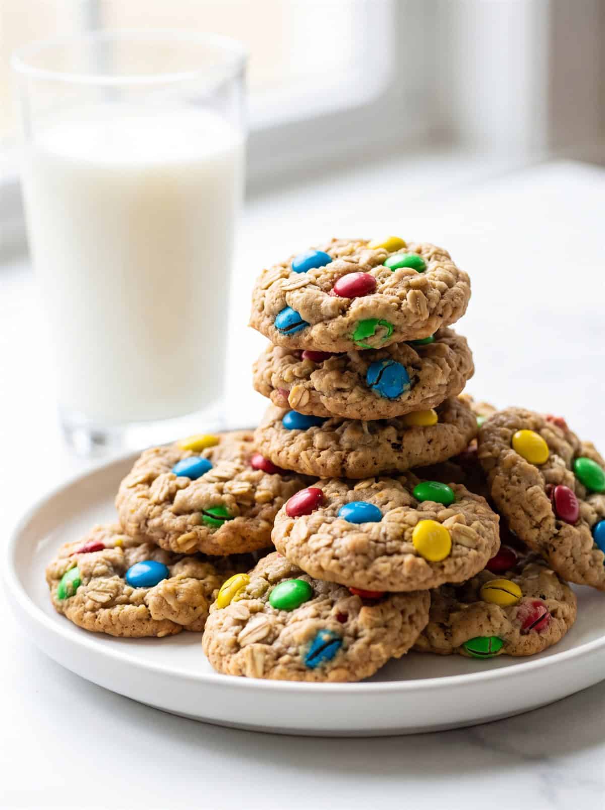 A stack of mini monster cookies on a plate with a glass of milk.
