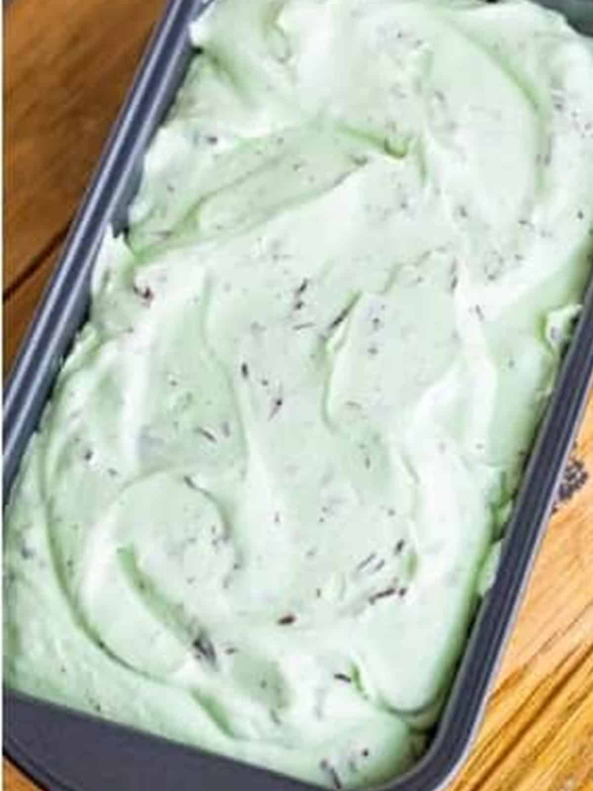 Mint chocolate chip ice cream base spread into a loaf pan.
