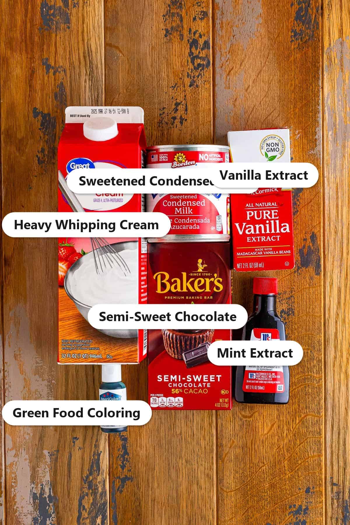 Labeled ingredients for mint chocolate chip ice cream including heavy whipping cream, condensed milk, semi-sweet chocolate, and mint extract.