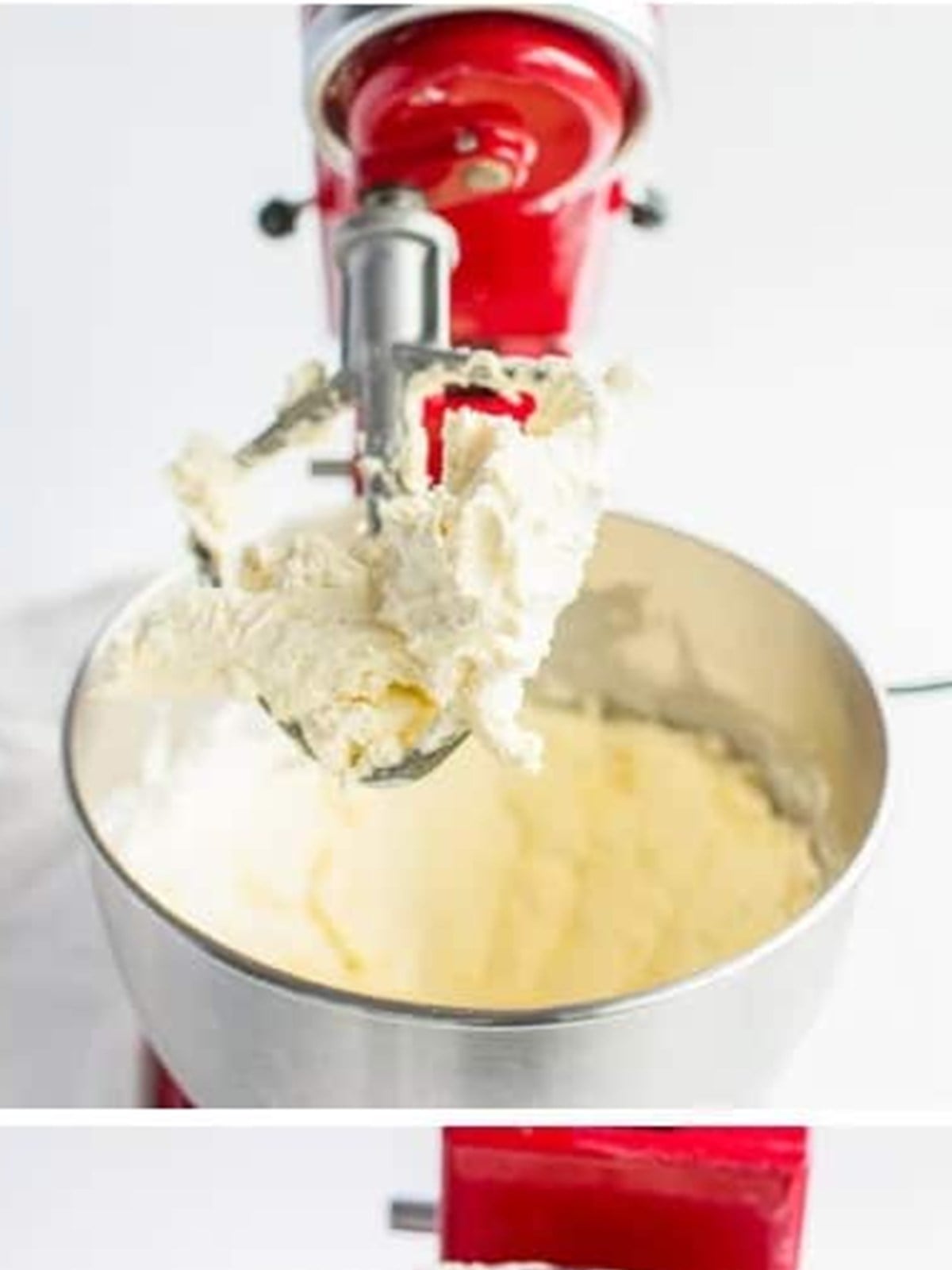 Cream cheese creamed smooth in a stand mixer for the cheesecake layer.