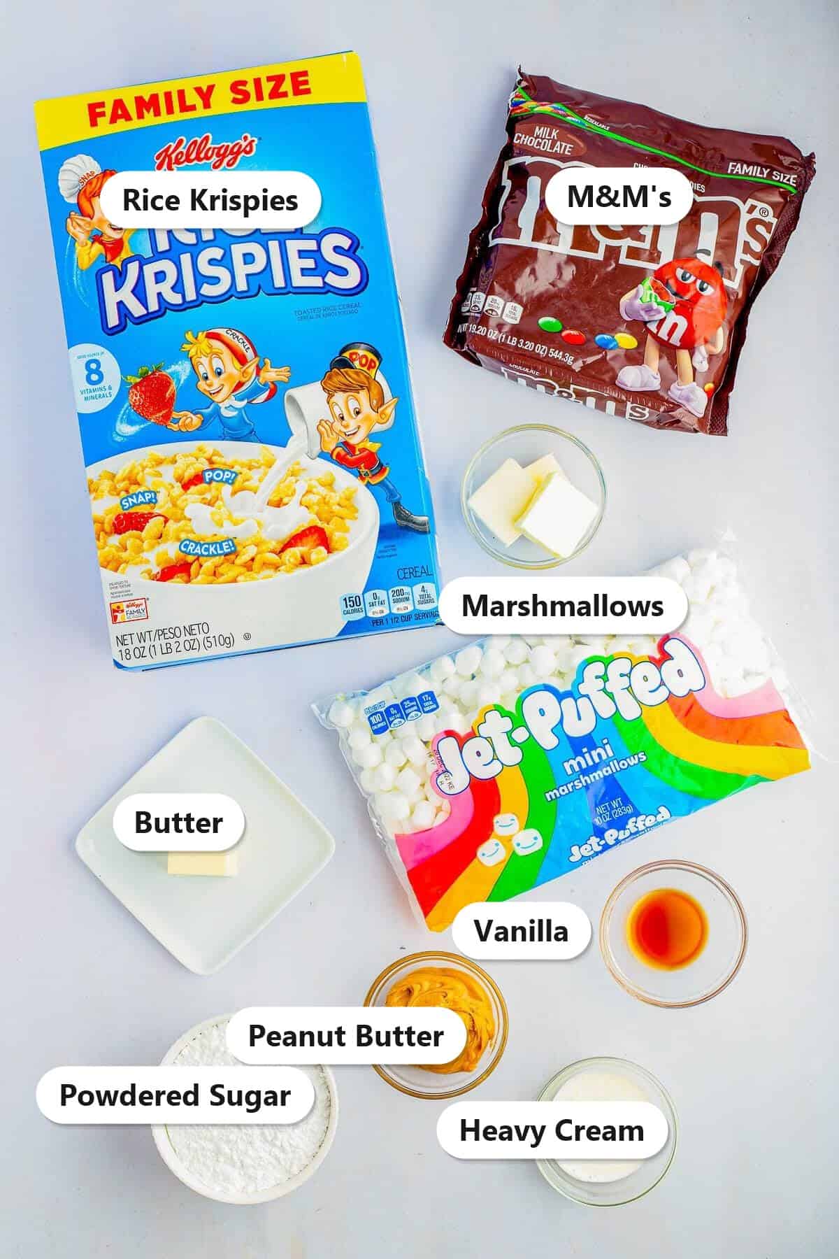 Labeled M&M rice krispie treats ingredients including Rice Krispies, marshmallows, M&Ms, peanut butter, and butter.