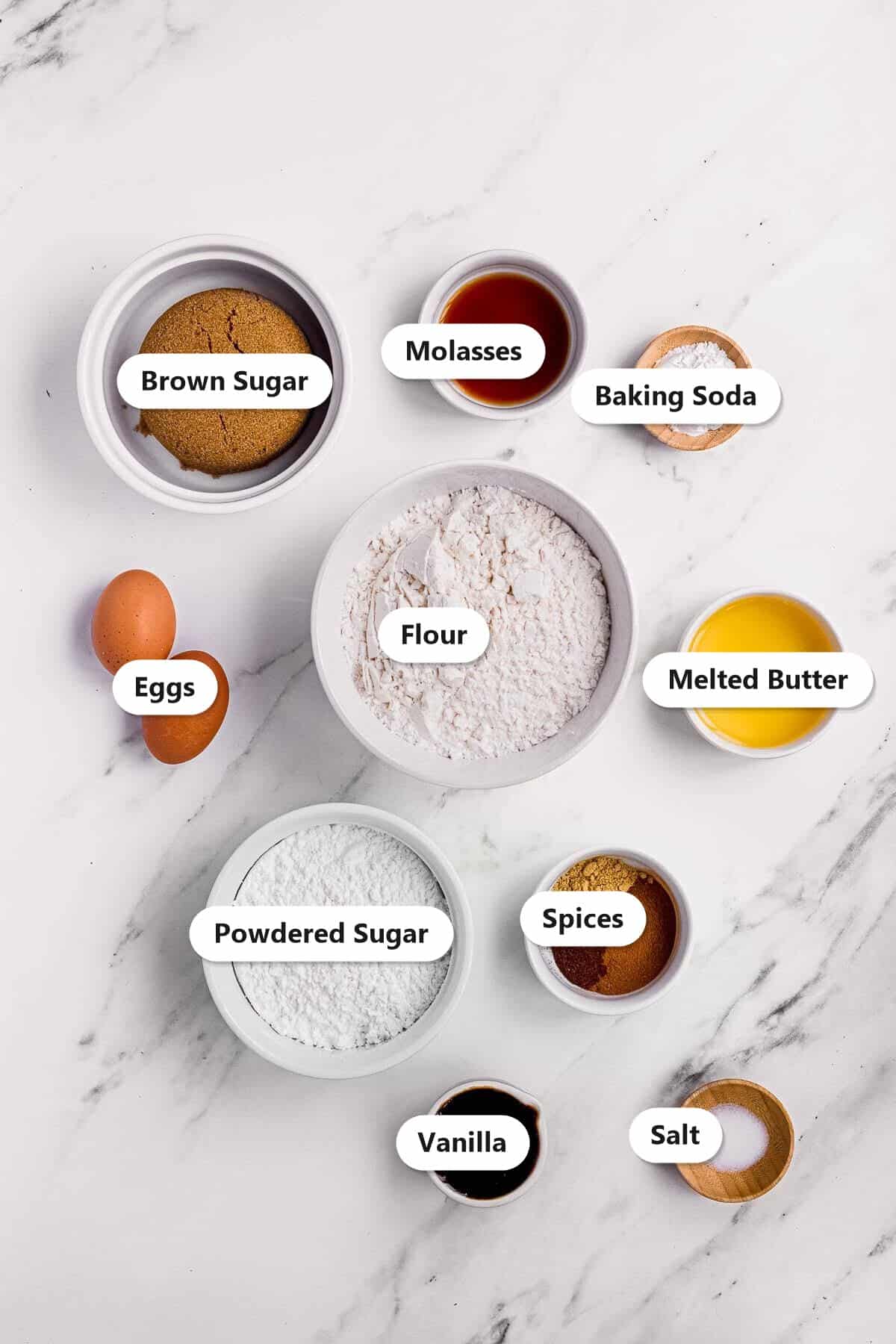 Labeled ingredients for molasses cookies including brown sugar, molasses, flour, eggs, melted butter, spices, and powdered sugar.