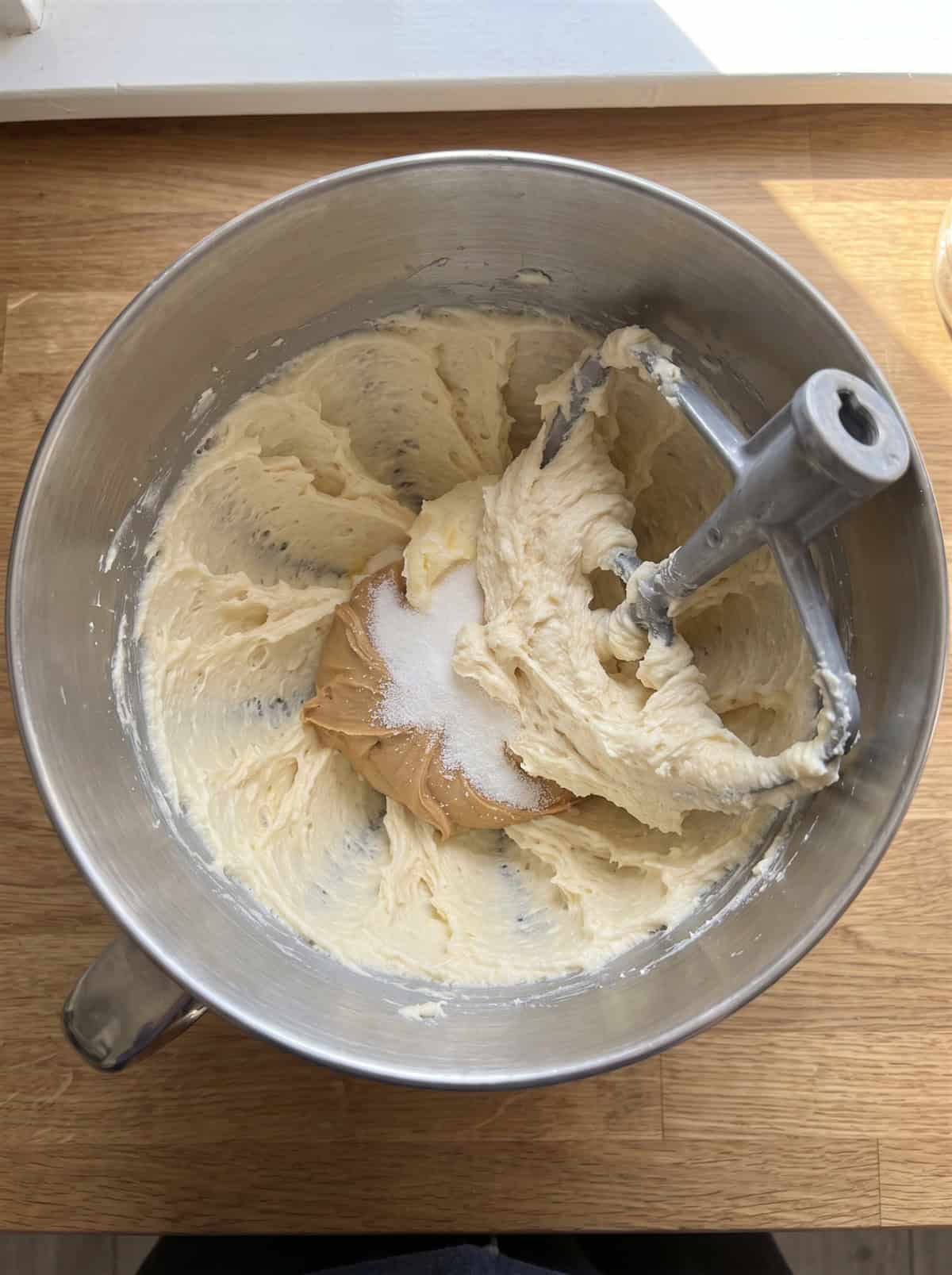 Creamed butter, sugar, and peanut butter in a mixer bowl.