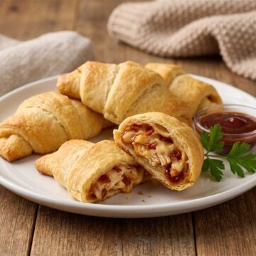 Golden baked Monterey chicken roll ups on a plate with BBQ sauce, one cut open showing the cheesy chicken and bacon filling.