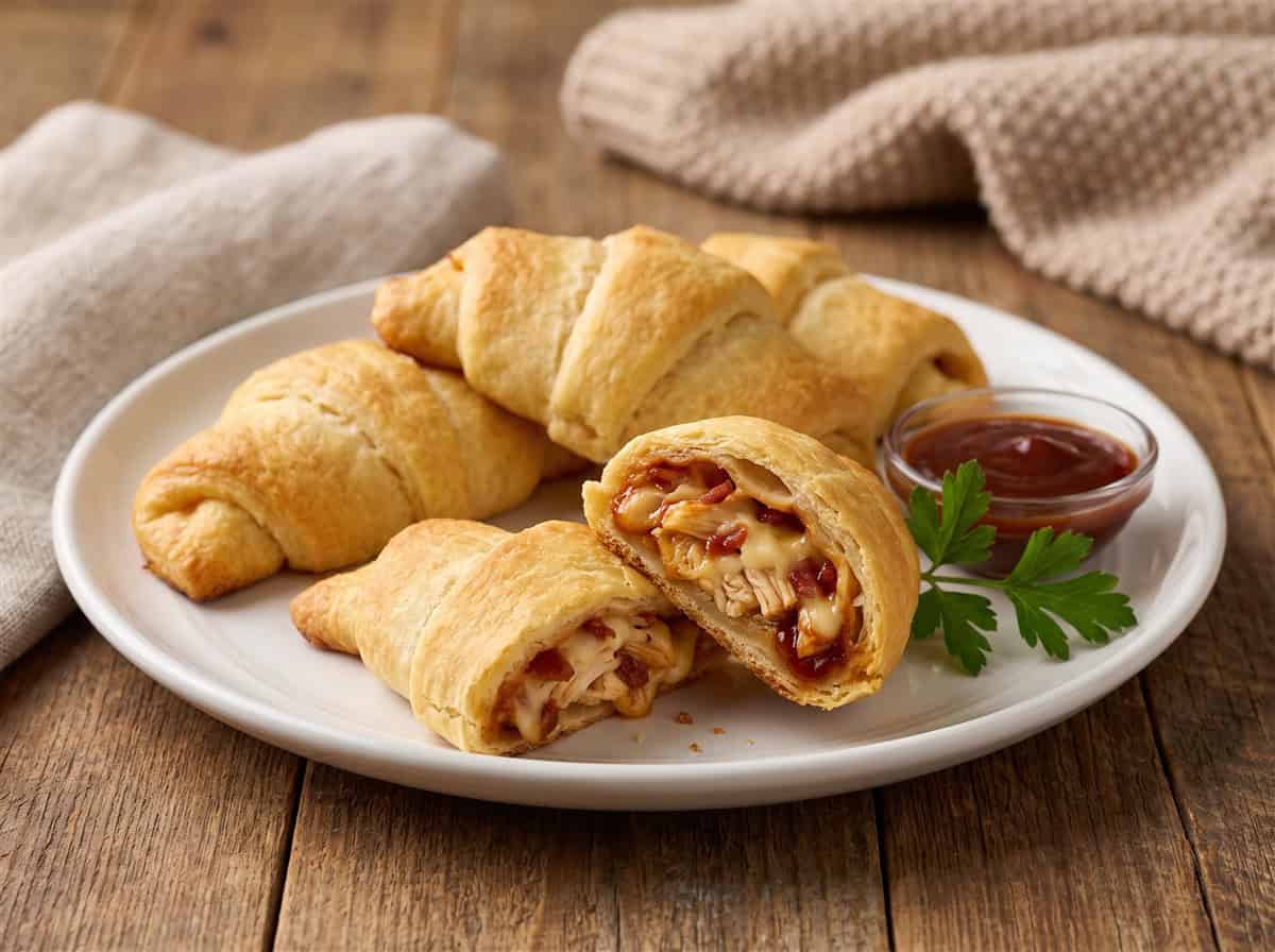 Golden baked Monterey chicken roll ups on a plate with BBQ sauce, one cut open showing the cheesy chicken and bacon filling.
