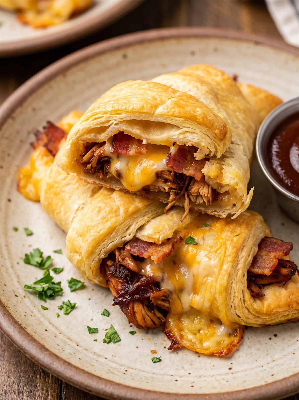 A Monterey chicken roll up cut in half showing melty colby jack cheese, BBQ chicken, and bacon inside flaky crescent pastry.