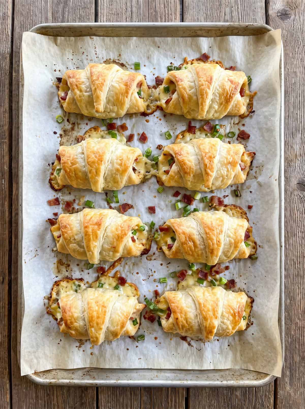 Golden brown baked Monterey chicken roll ups fresh from the oven on a baking sheet.