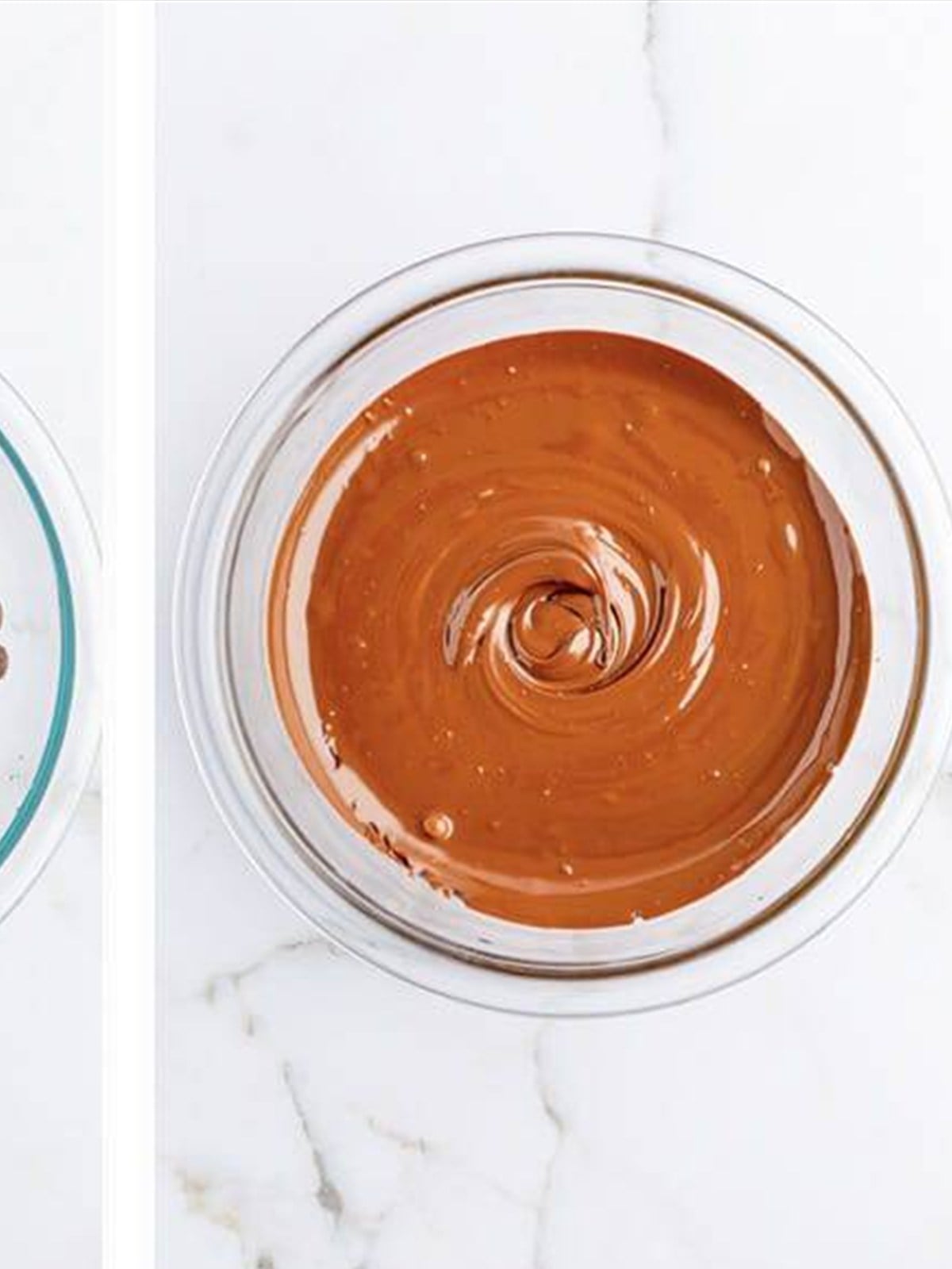 Melted chocolate in a glass bowl for Nestle crunch bars.