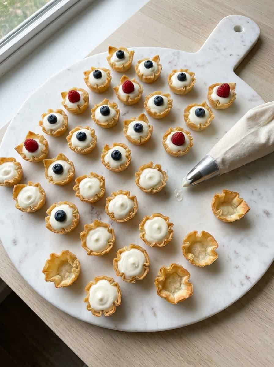 Mini phyllo cups filled with smooth cheesecake filling next to a piping bag.