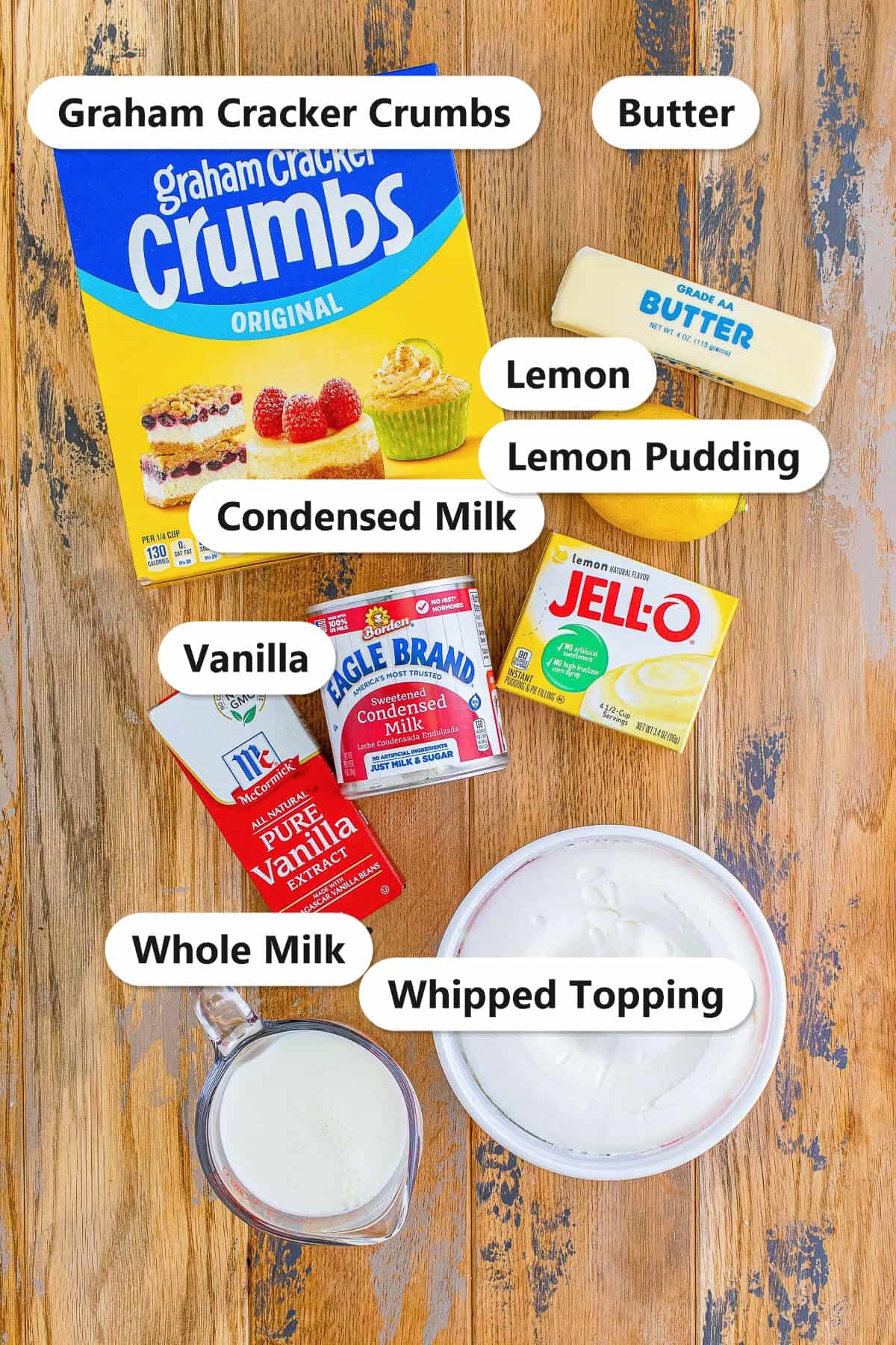 Labeled ingredients to make a no-bake lemon cream pie.