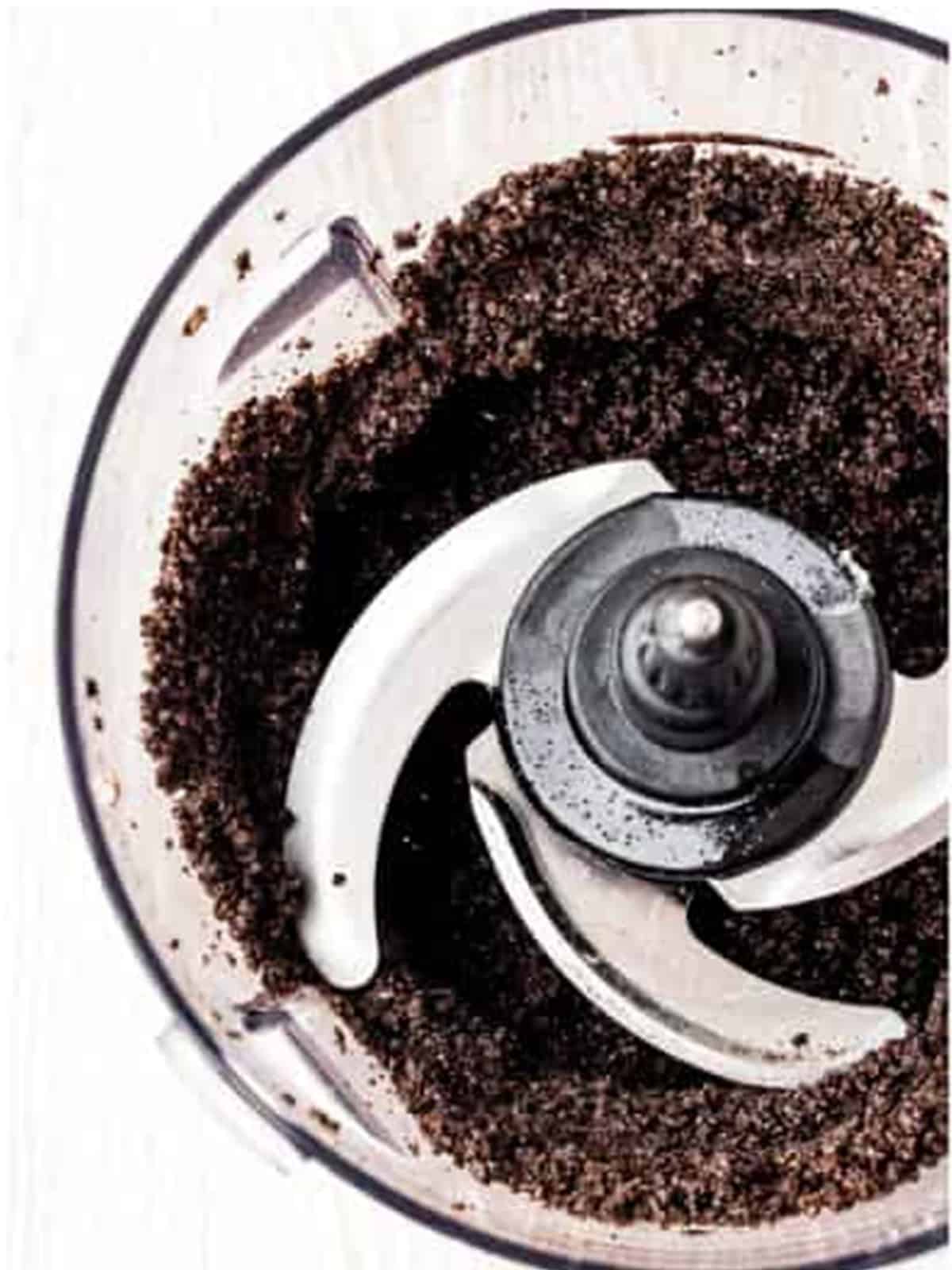 Whole Oreos in a food processor to make the crust for no bake Oreo cheesecake.