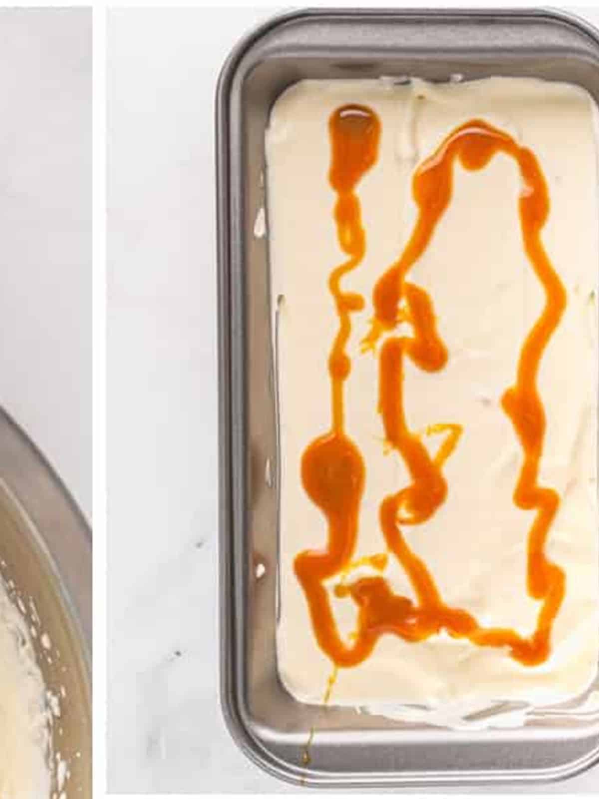 Caramel sauce drizzled over a layer of ice cream in a loaf pan.