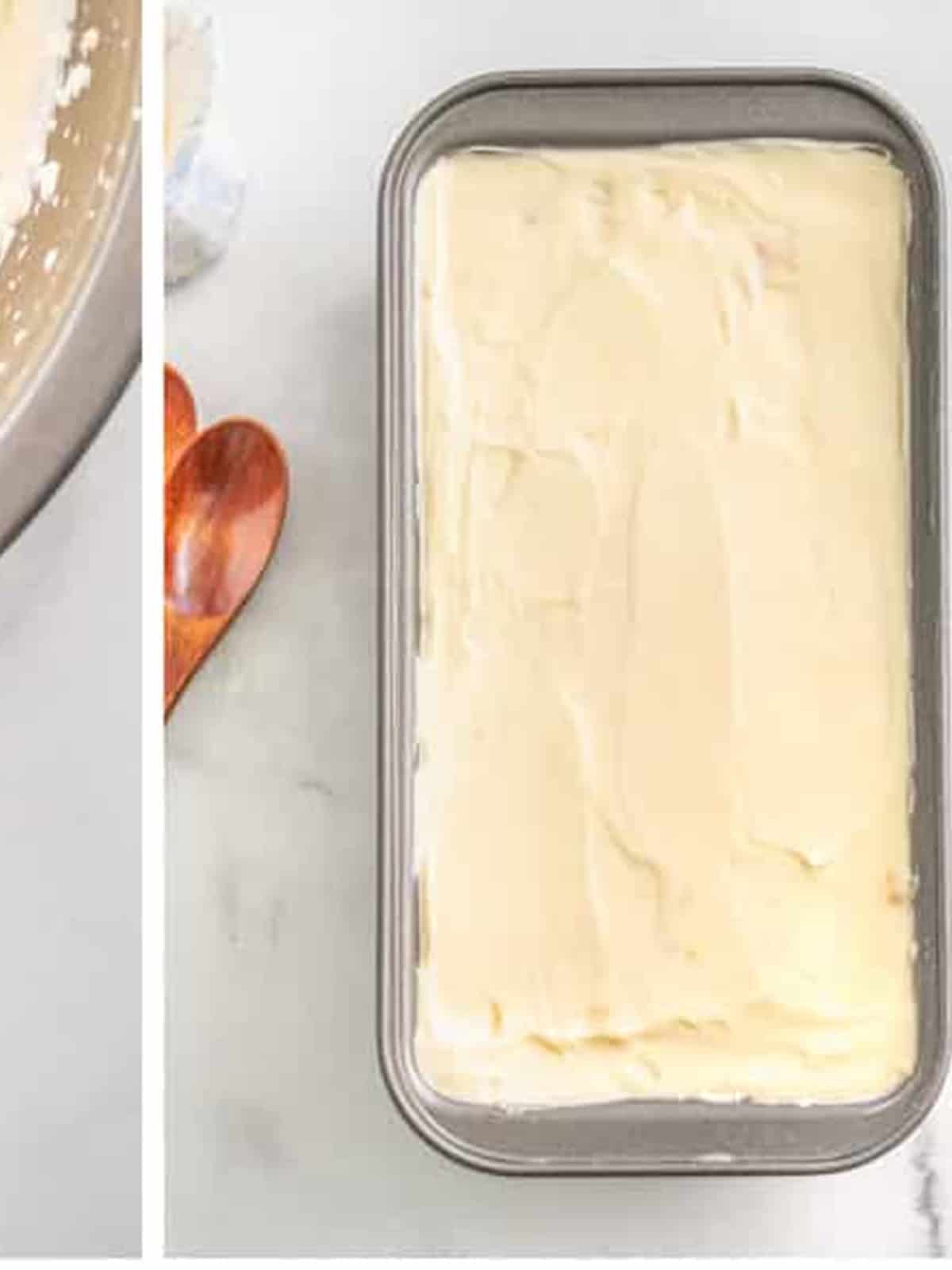 Smoothed no churn caramel ice cream in a loaf pan ready to freeze.
