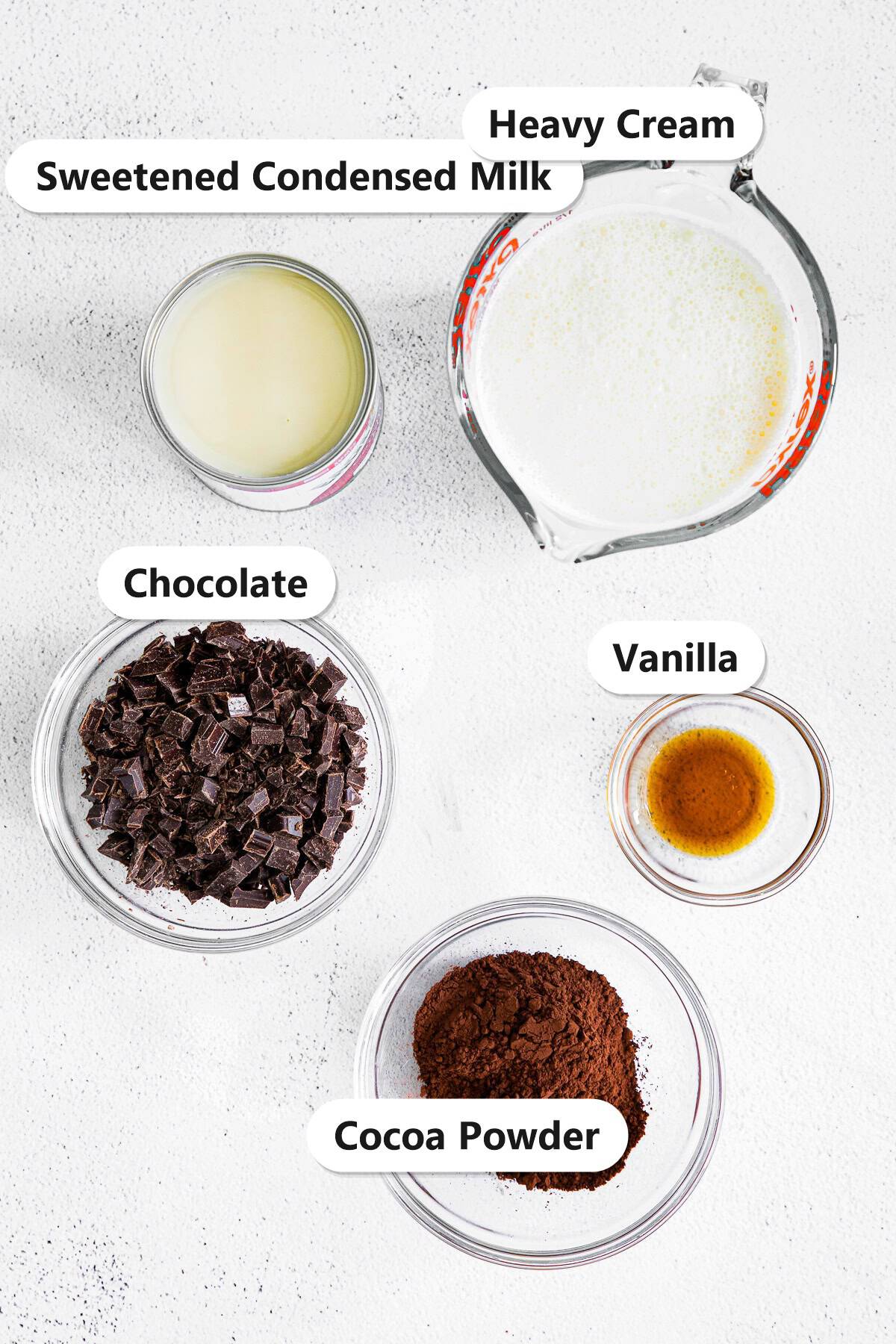 Labeled ingredients for no churn chocolate ice cream including heavy cream, sweetened condensed milk, chopped chocolate, cocoa powder, and vanilla.