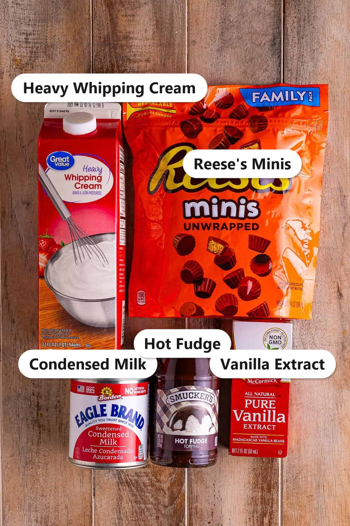 Labeled ingredients for no churn moose tracks ice cream including heavy whipping cream, Reese's minis, condensed milk, hot fudge, and vanilla extract.