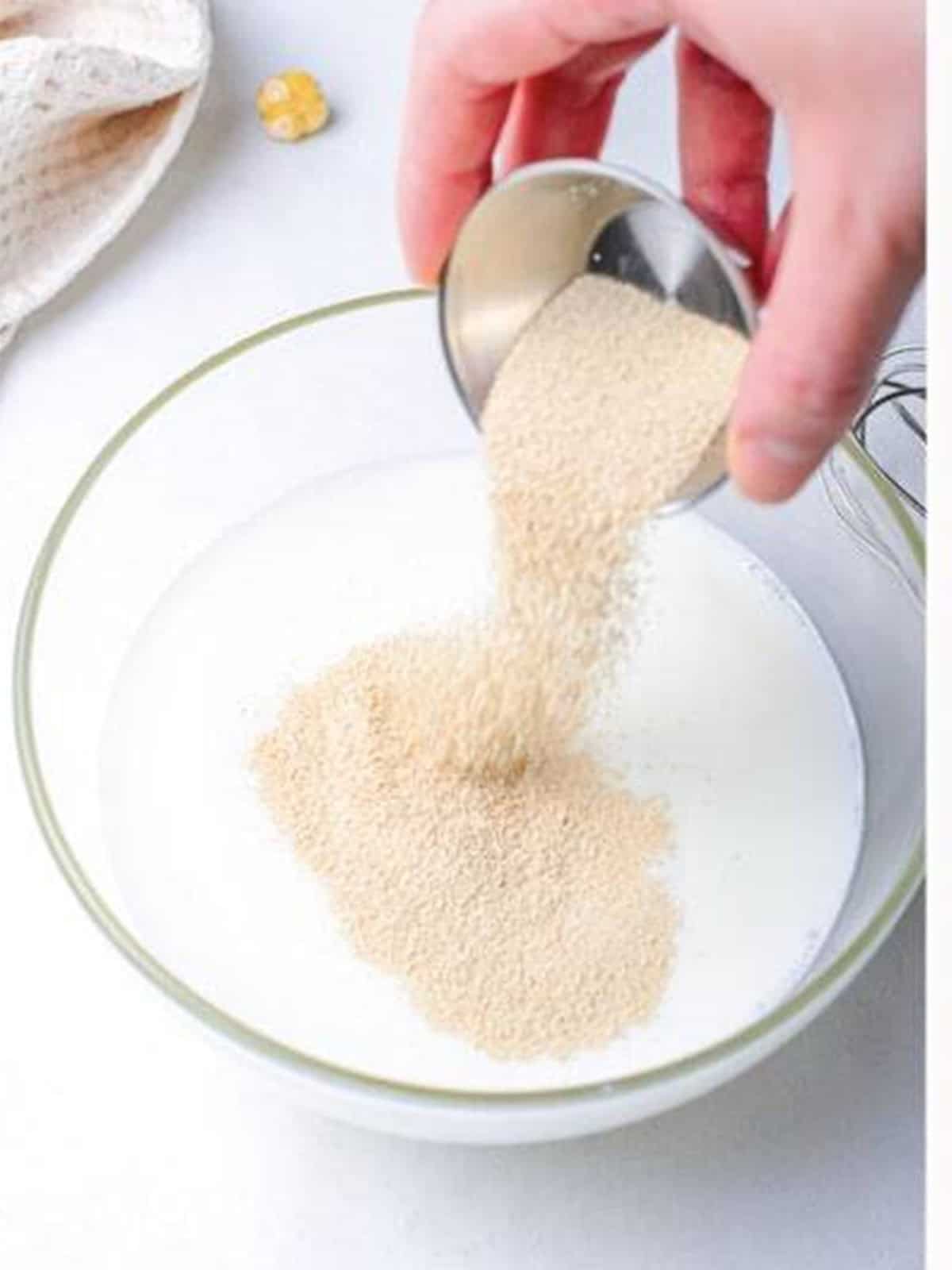 Yeast and sugar being added to warm milk to activate.