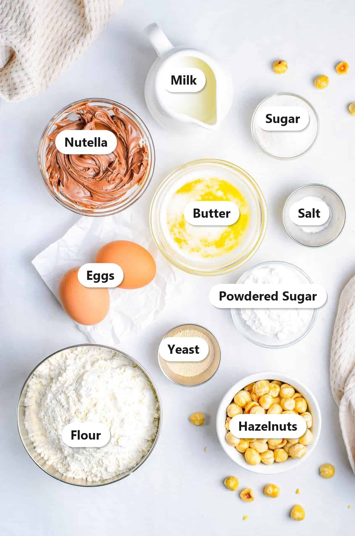 Labeled Nutella bread ingredients including Nutella, flour, eggs, yeast, hazelnuts, and milk.