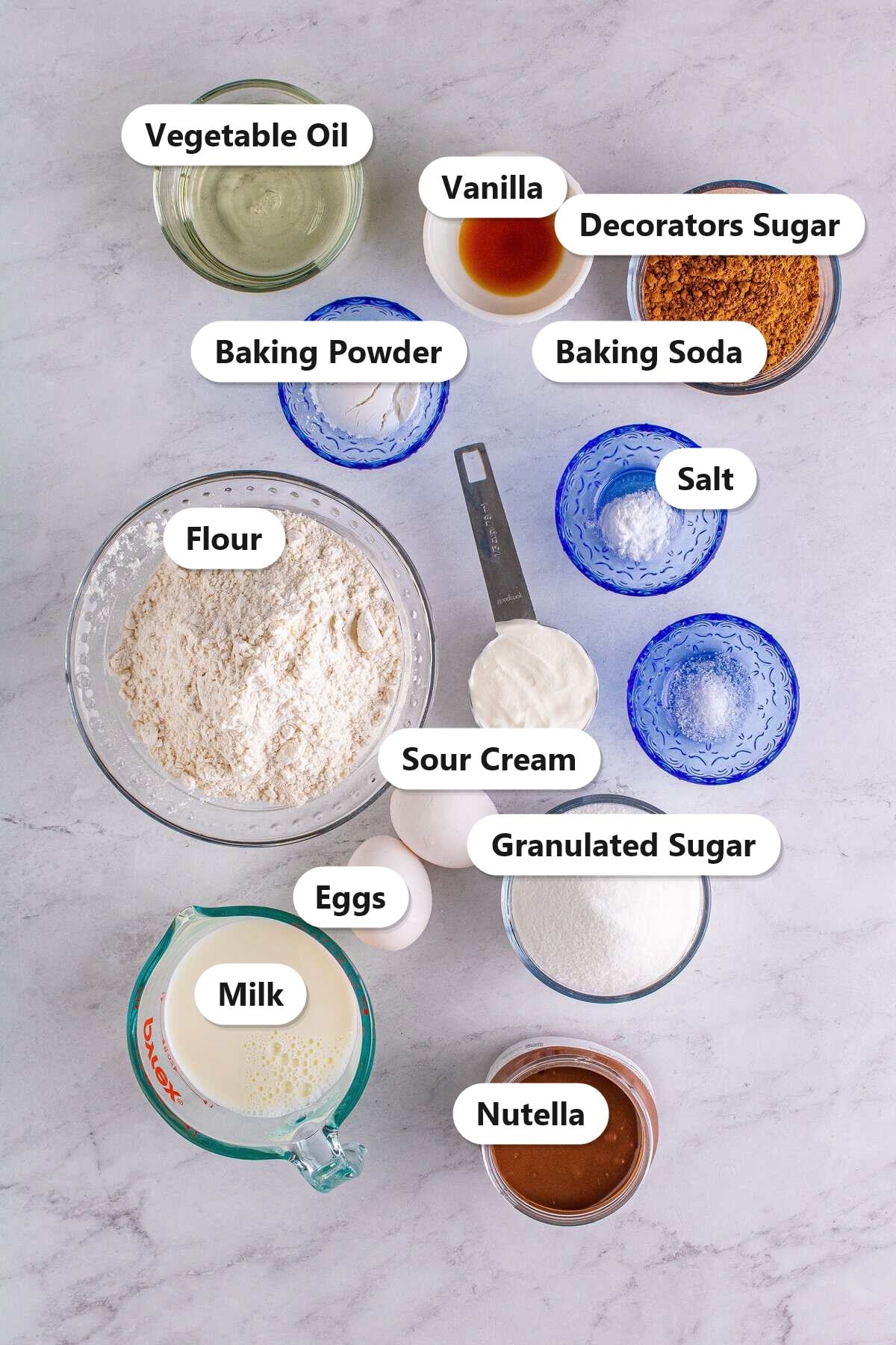 Labeled ingredients needed to make Nutella Muffins.
