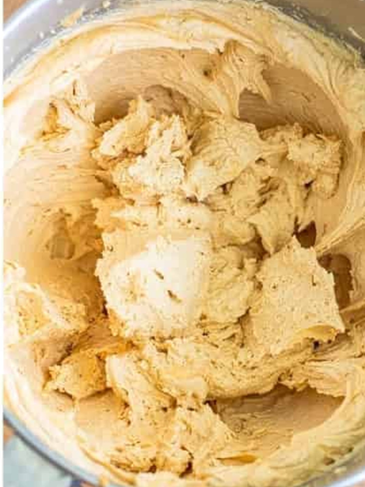 Whipped peanut butter filling in a mixing bowl.