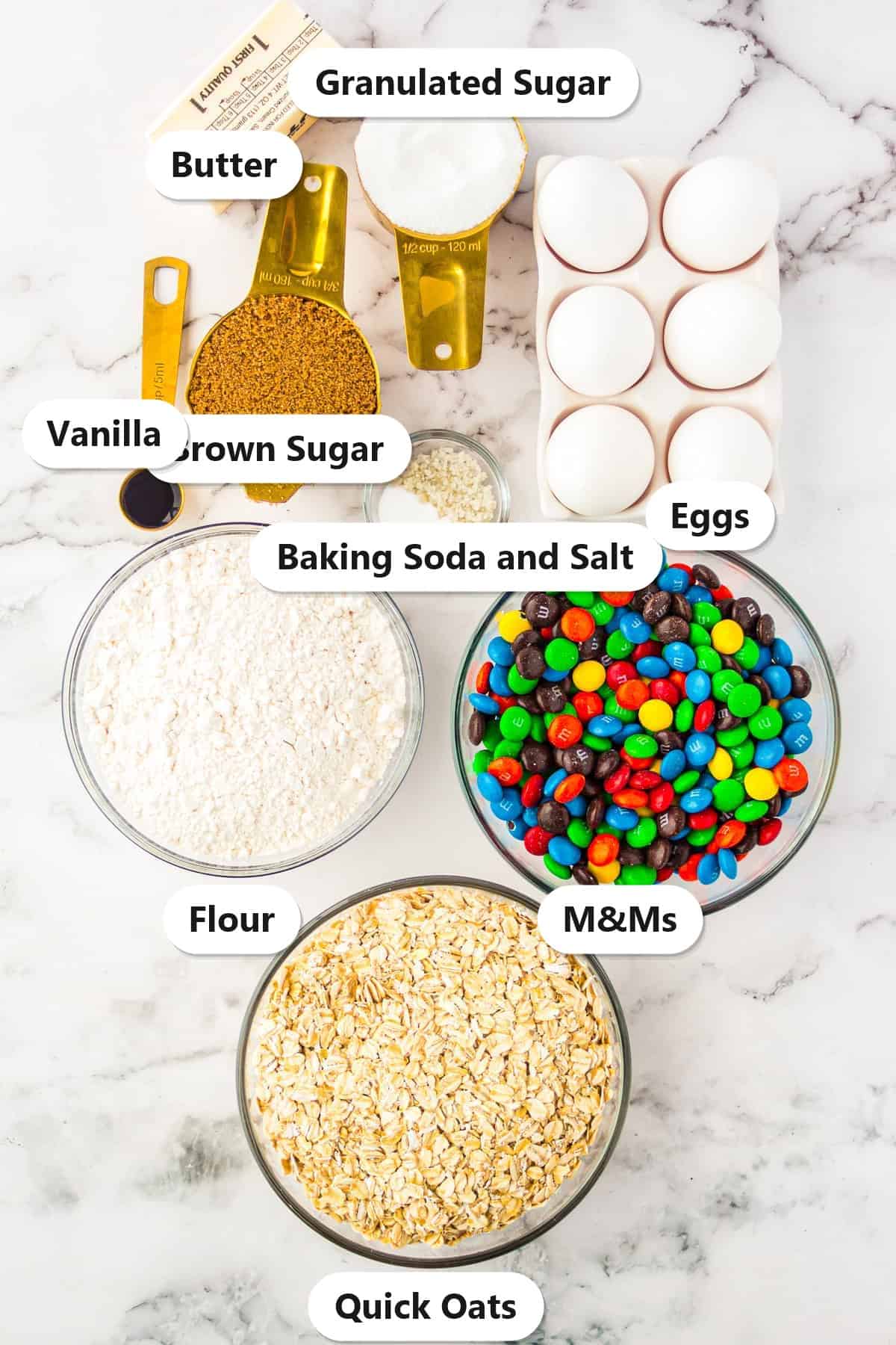Labeled ingredients for oatmeal M&M cookies including quick oats, M&Ms, flour, butter, brown sugar, granulated sugar, eggs, vanilla, baking soda, and salt.