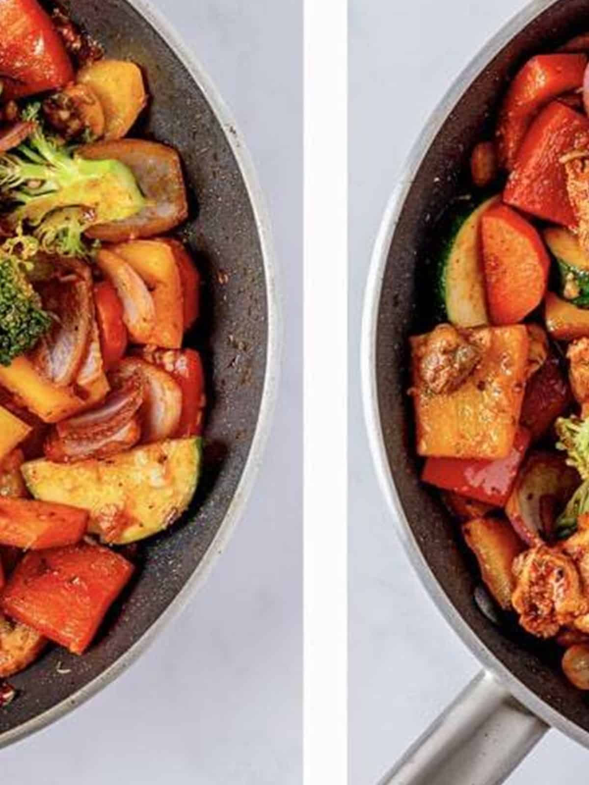 Colorful vegetables sauteing together in the skillet until crisp tender.