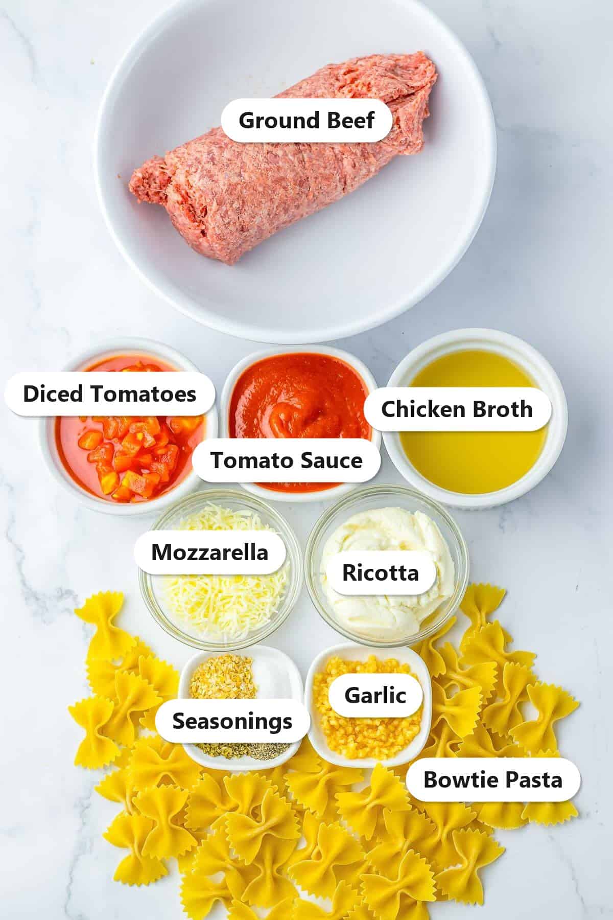 Labeled ingredients needed to make one pot lasagna.