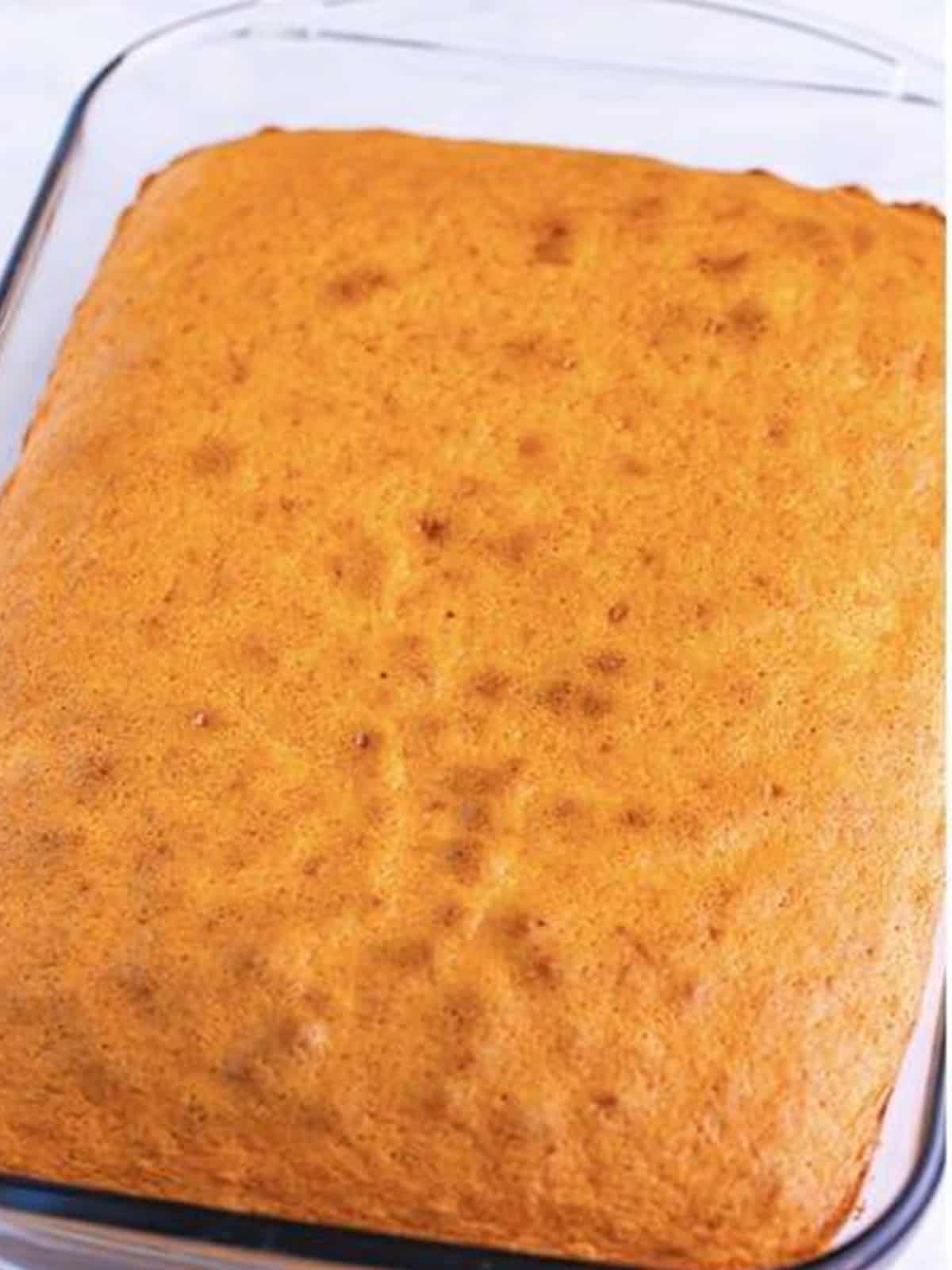 Baked orange jello cake in a glass 9x13 dish.