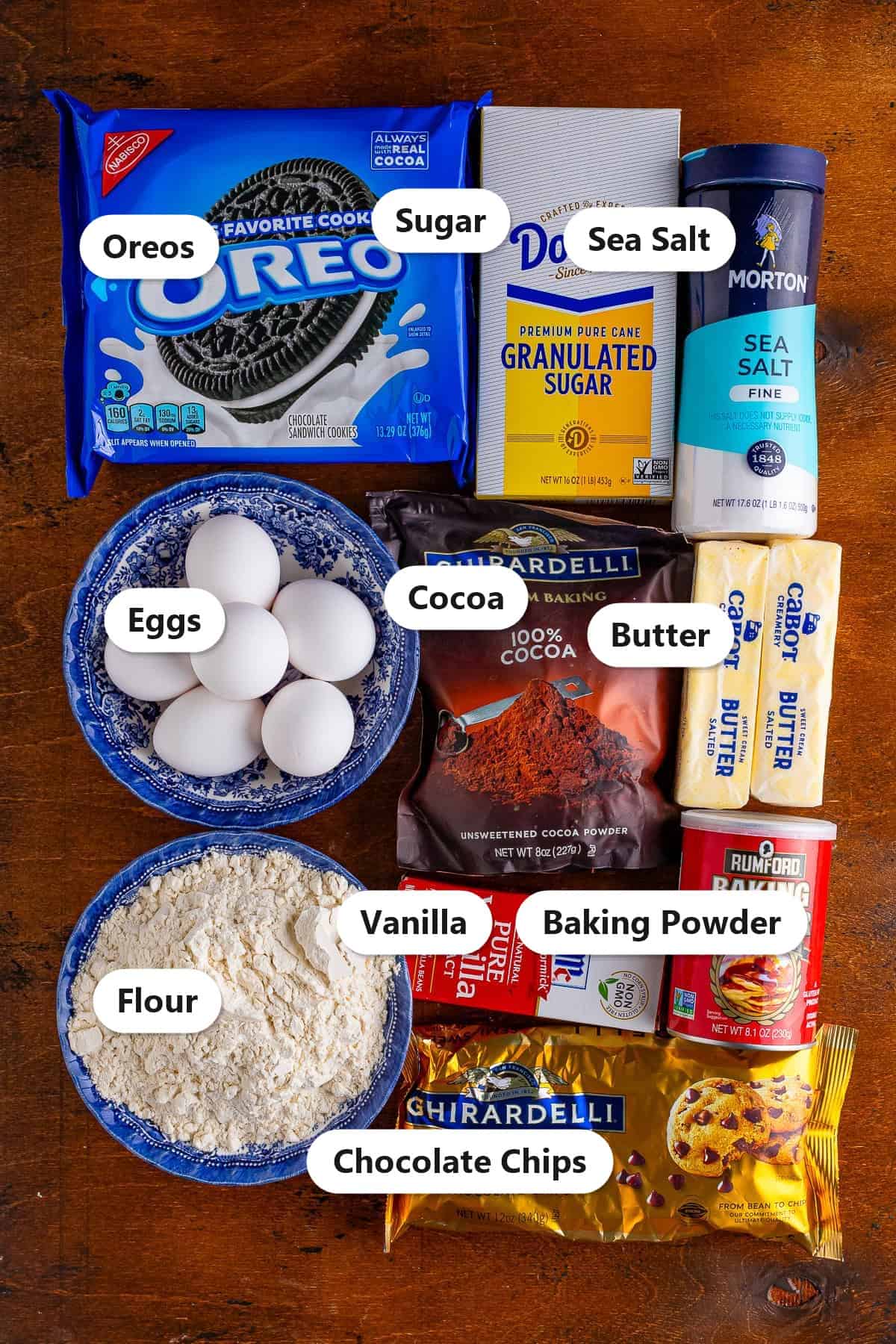 Labeled ingredients for oreo brownies including Oreos, sugar, sea salt, eggs, cocoa, butter, vanilla, baking powder, flour, and chocolate chips.