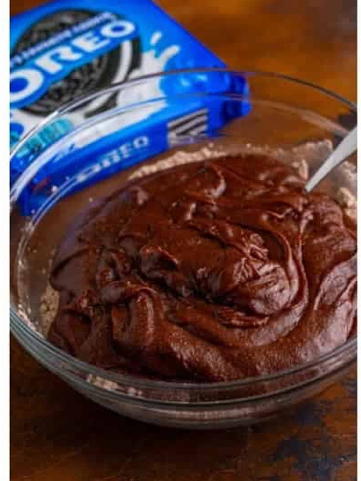 Wet and dry ingredients combined into a thick oreo brownie batter.