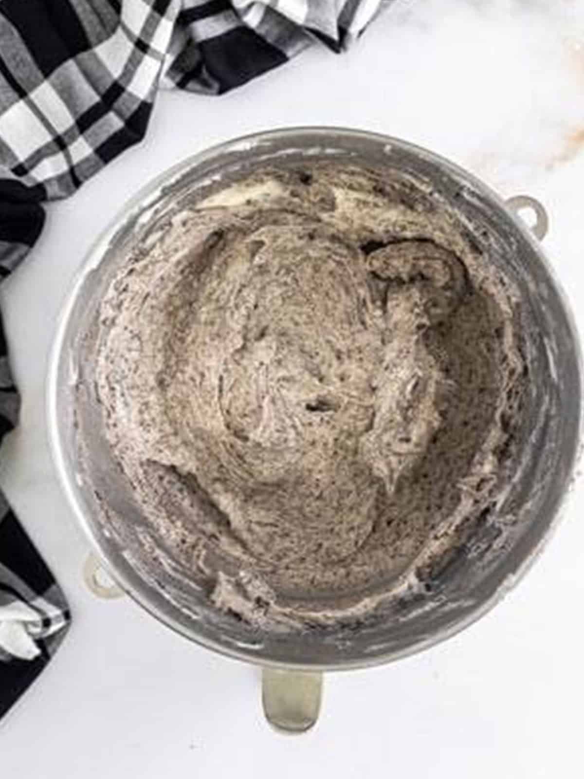 Crushed Oreo cookies folded into the finished Oreo buttercream frosting.