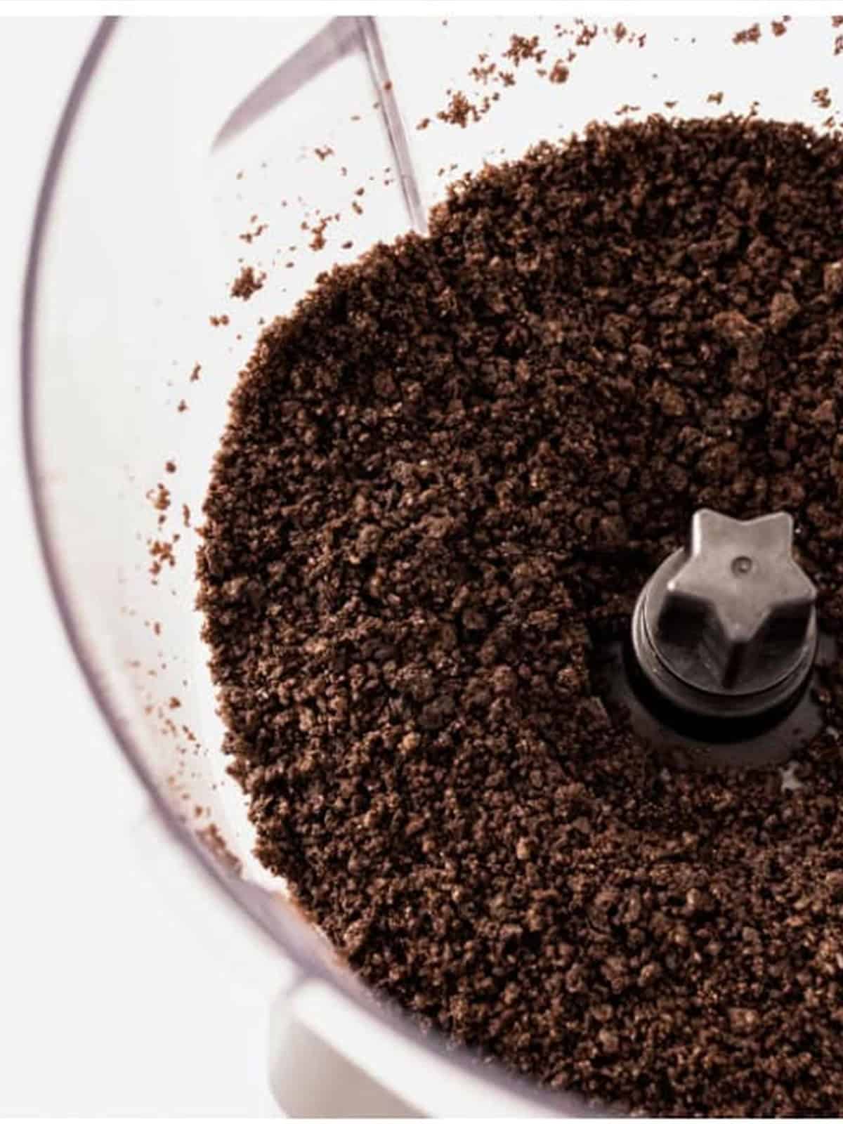 Oreo cookies blended into fine crumbs in a food processor.