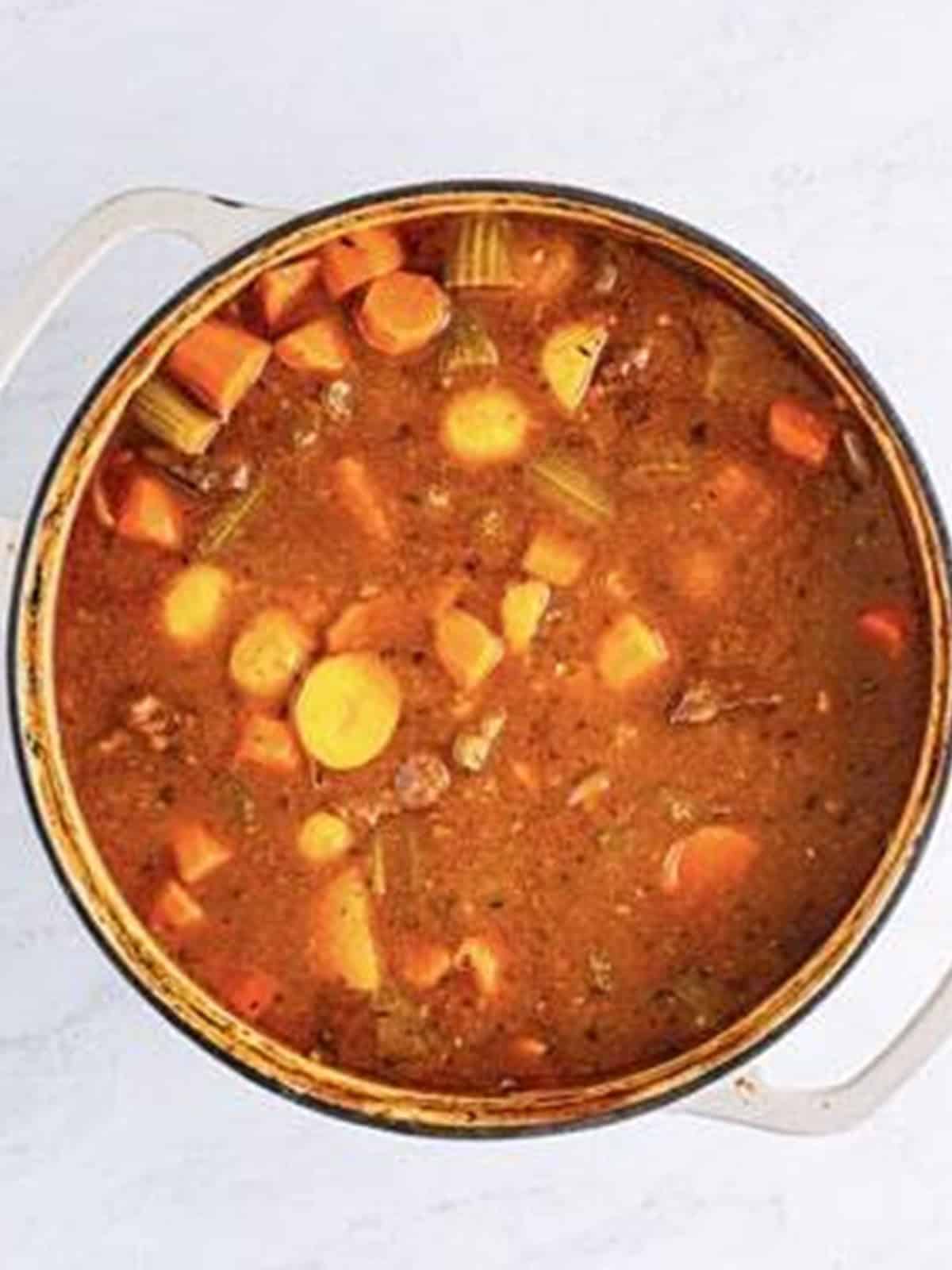 Beef stew uncovered for the last hour in the oven to thicken the sauce.