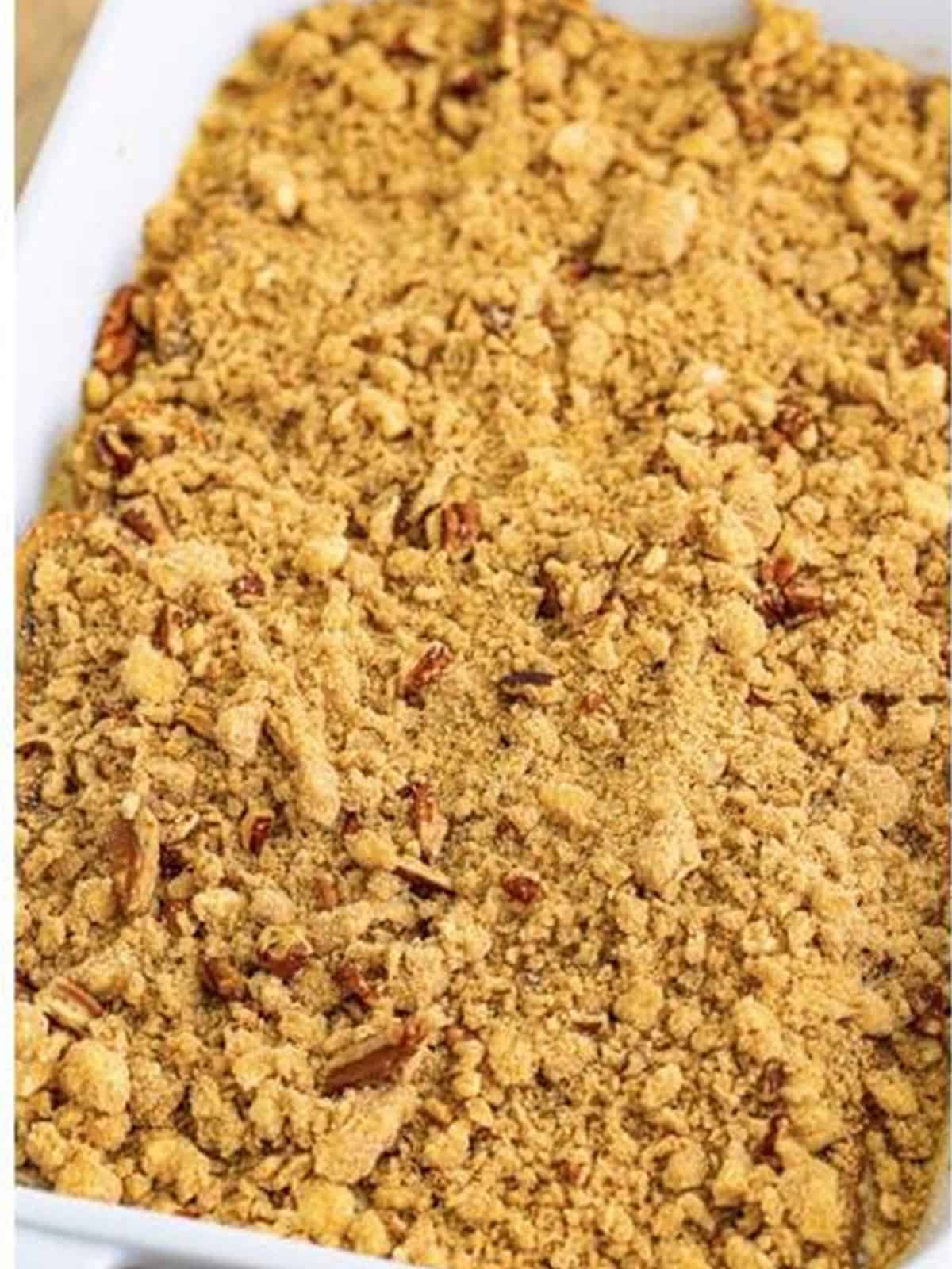 Pecan crumble topping sprinkled over the soaked overnight French toast casserole before baking.