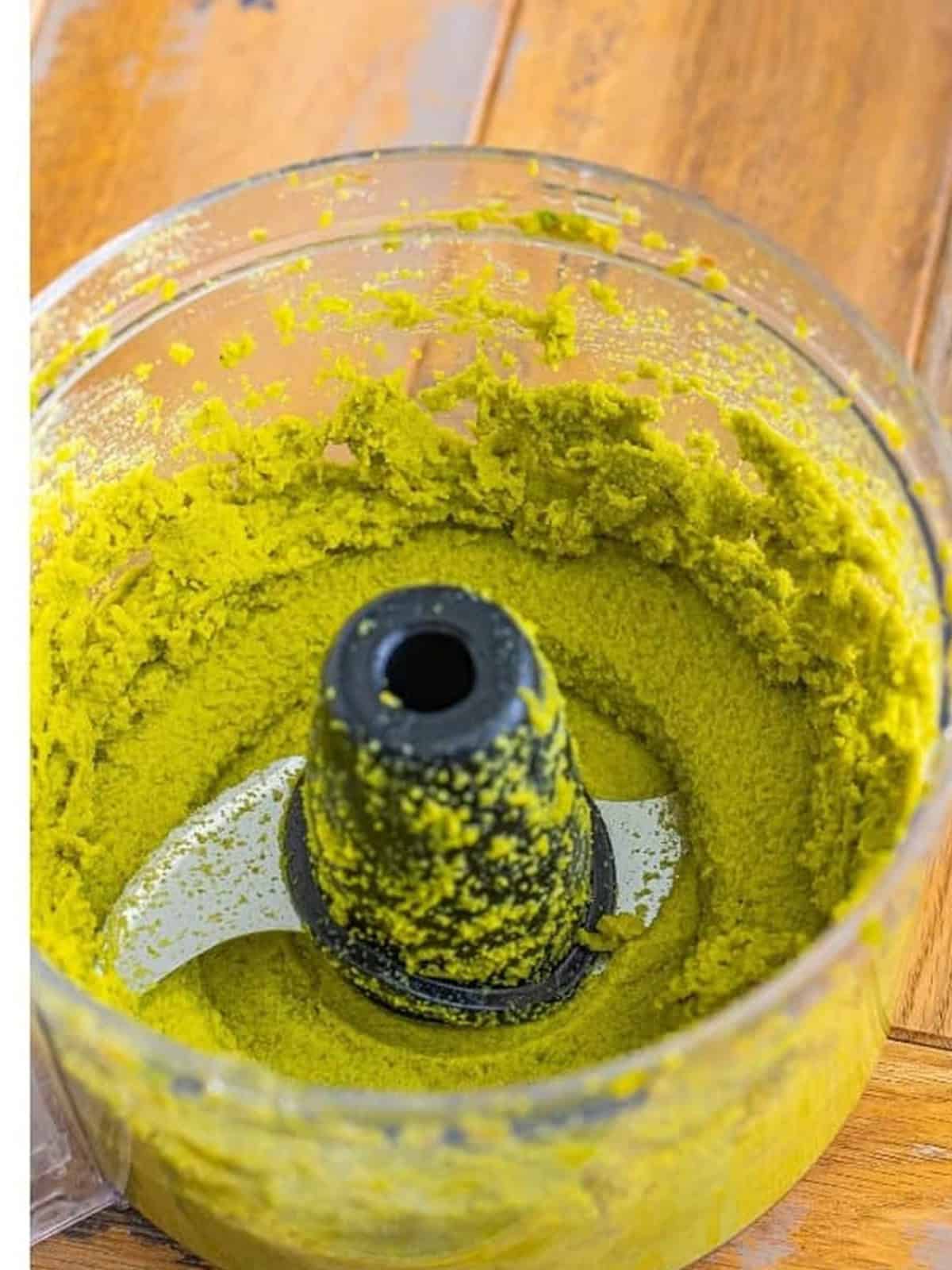 Smooth pistachio cream blended in a food processor.