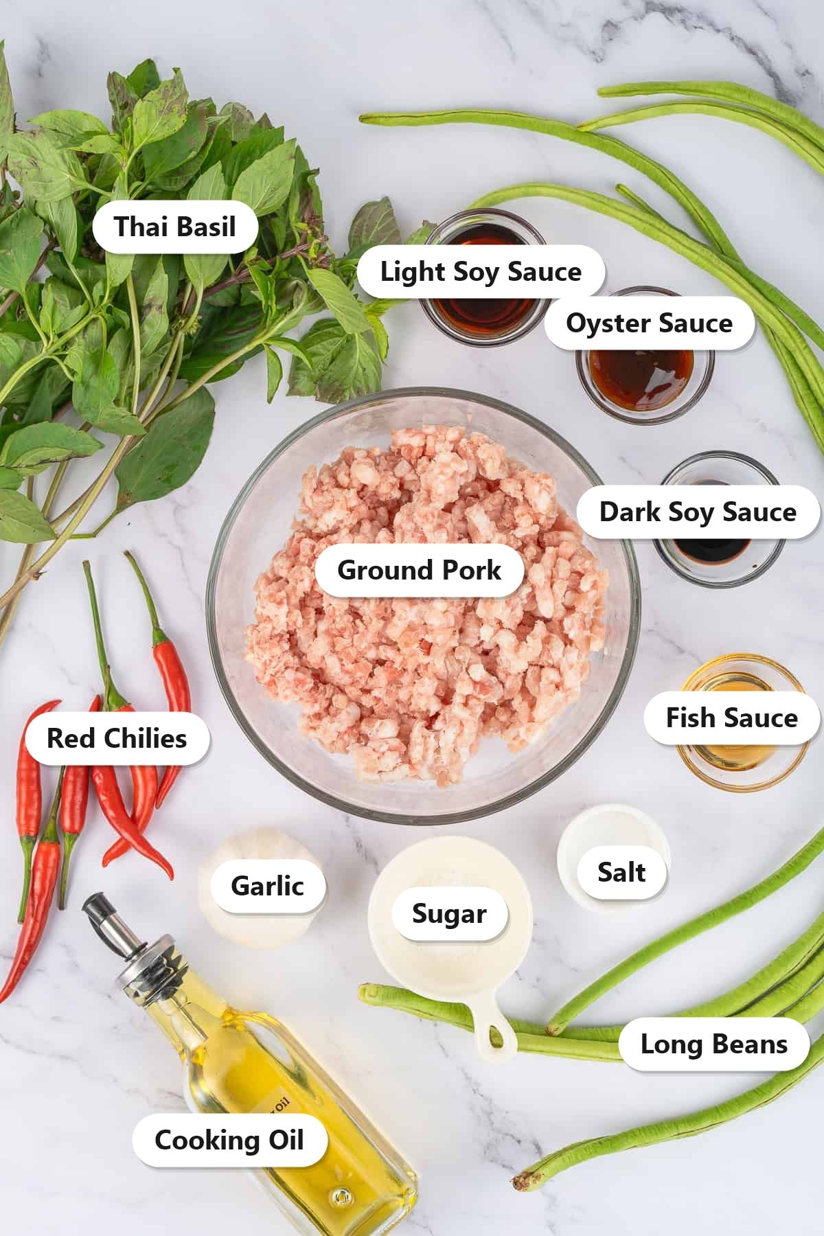 Labeled ingredients for pad kra pao including ground pork, Thai basil, red chilies, garlic, long beans, light soy sauce, oyster sauce, dark soy sauce, fish sauce, sugar, salt, and cooking oil.