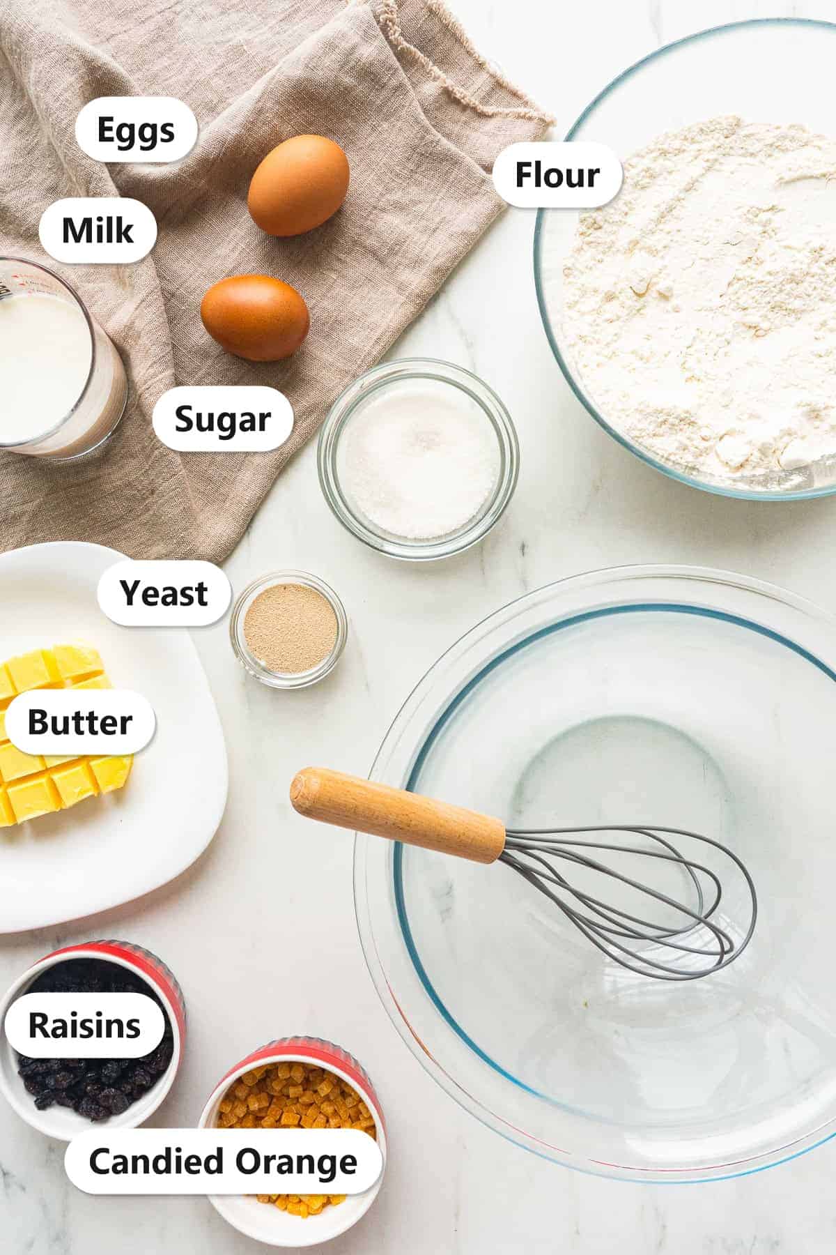 Labeled ingredients for homemade panettone including milk, eggs, flour, sugar, yeast, butter, raisins, and candied orange.