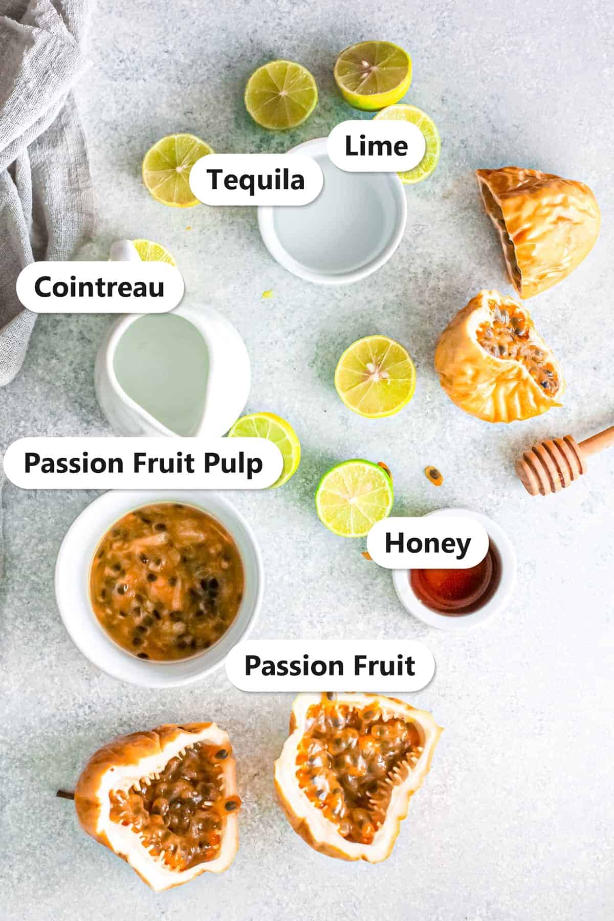 Passion fruit margarita ingredients labeled including passion fruit pulp, tequila, cointreau, lime, honey, and fresh passion fruit.